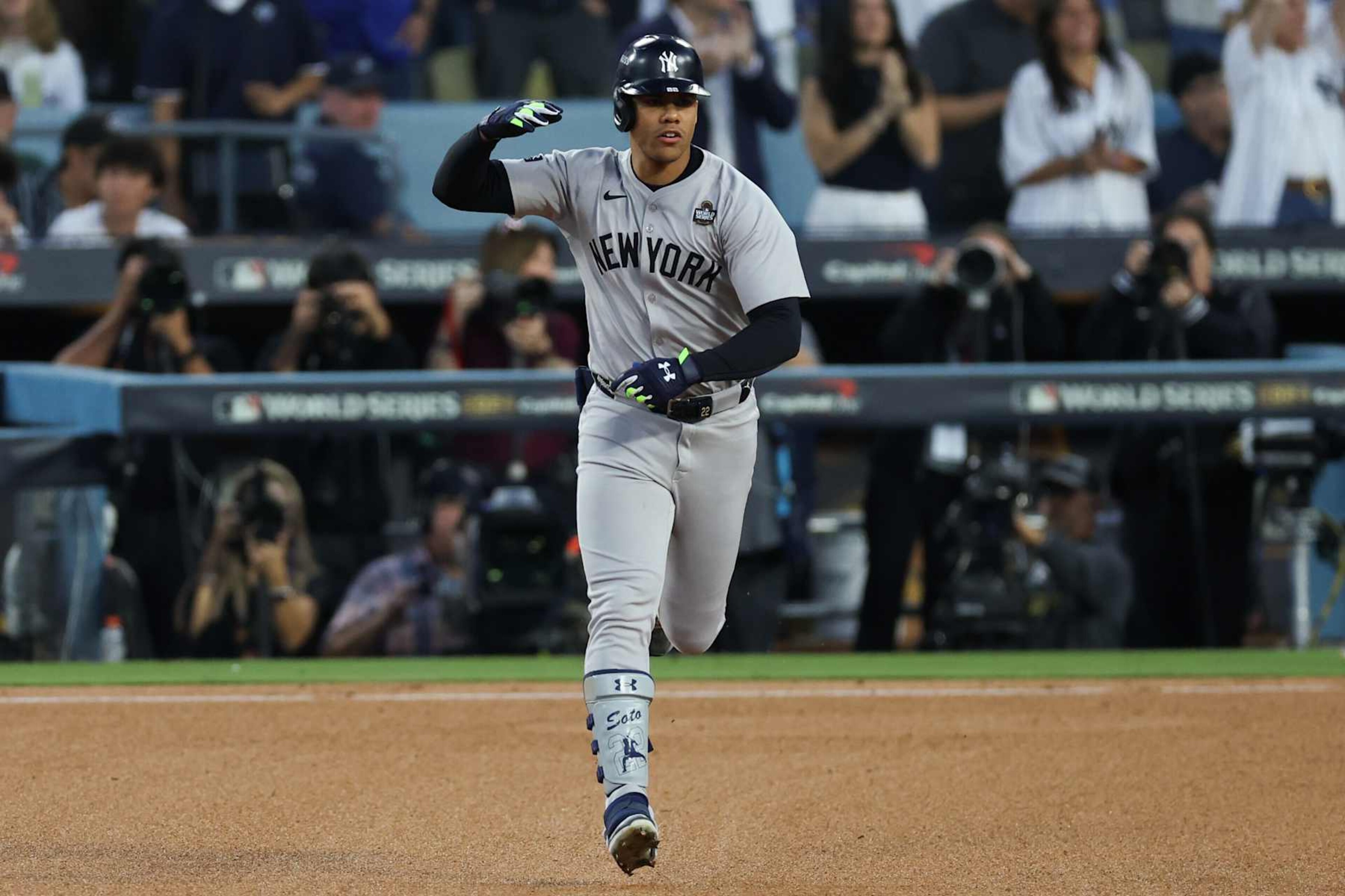 LOS ANGELES, CA - OCTOBER 26: Juan Soto #22 of the New York Yankees rounds the bases after hitting a solo home run in the third inning during Game 2 of the 2024 World Series presented by Capital One between the New York Yankees and the Los Angeles Dodgers at Dodger Stadium on Saturday, October 26, 2024 in Los Angeles, California. (Photo by Rob Leiter/MLB Photos via Getty Images) LOS ANGELES, CA - OCTOBER 26: Juan Soto #22 of the New York Yankees rounds the bases after hitting a solo home run in the third inning during Game 2 of the 2024 World Series presented by Capital One between the New York Yankees and the Los Angeles Dodgers at Dodger Stadium on Saturday, October 26, 2024 in Los Angeles, California. (Photo by Rob Leiter/MLB Photos via Getty Images)