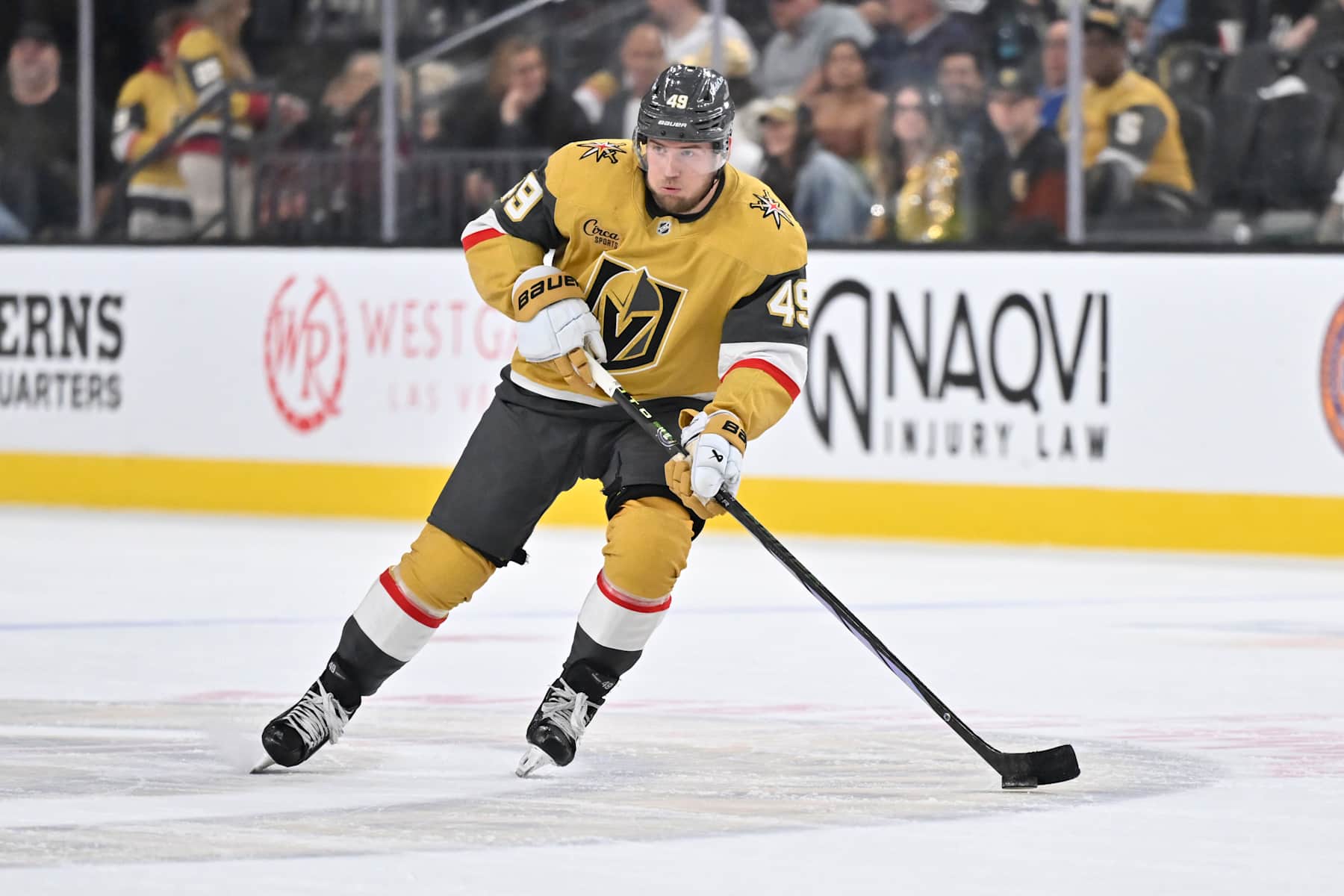 LAS VEGAS, NEVADA - OCTOBER 26: Ivan Barbashev #49 of the Vegas Golden Knights skates during the first period against the San Jose Sharks at T-Mobile Arena on October 26, 2024 in Las Vegas, Nevada. (Photo by David Becker/NHLI via Getty Images)
