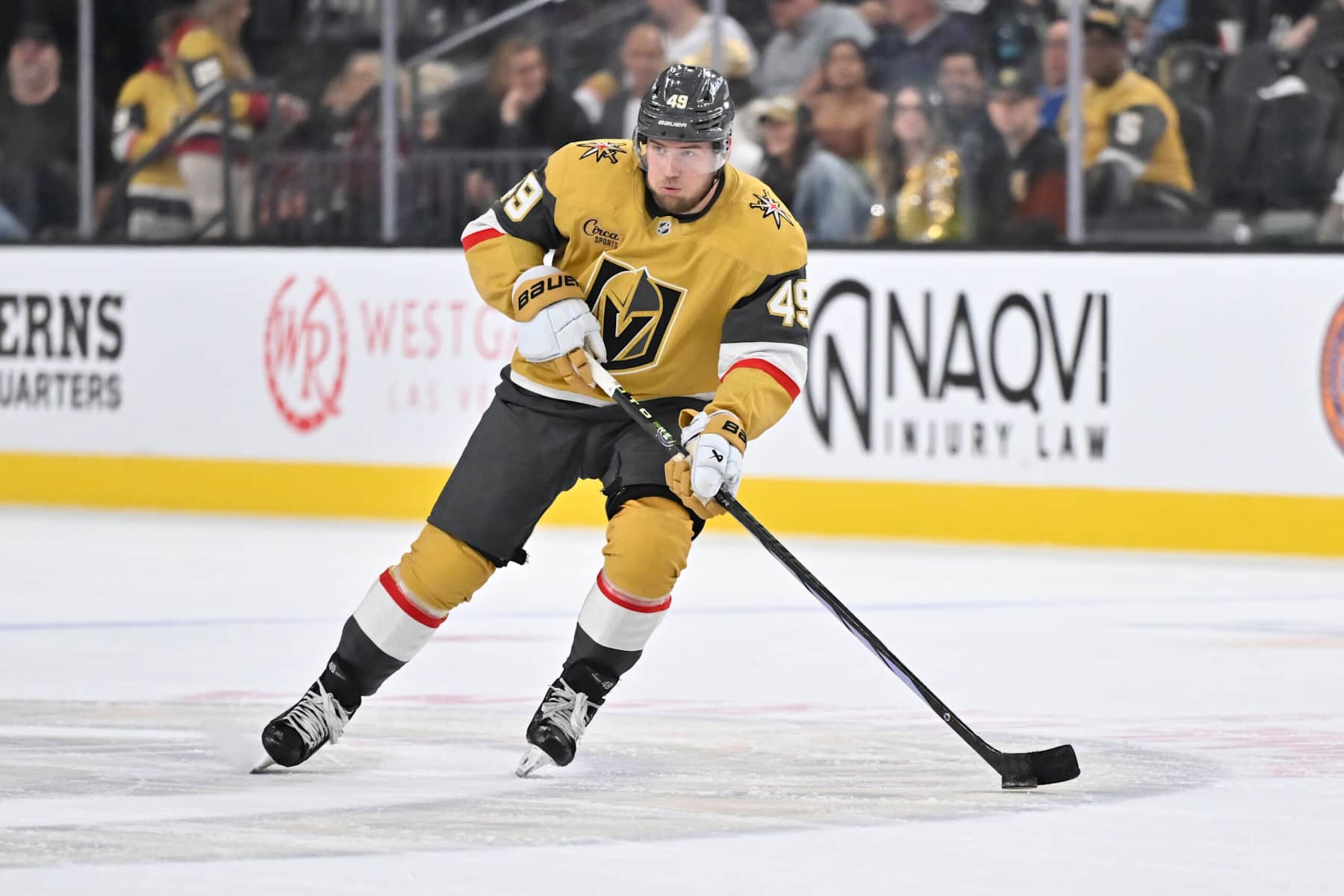 LAS VEGAS, NEVADA - OCTOBER 26: Ivan Barbashev #49 of the Vegas Golden Knights skates during the first period against the San Jose Sharks at T-Mobile Arena on October 26, 2024 in Las Vegas, Nevada. (Photo by David Becker/NHLI via Getty Images)