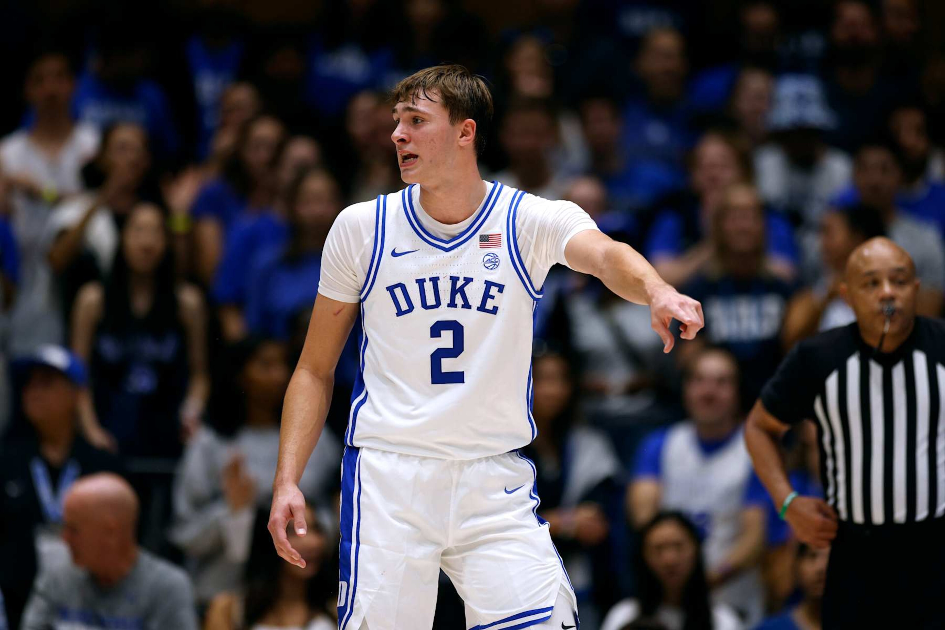DURHAM, NORTH CAROLINA - OCTOBER 19: Cooper Flagg #2 of the Duke Blue Devils communicates with a teammate during an exhibition game against the Lincoln Lions at Cameron Indoor Stadium on October 19, 2024 in Durham, North Carolina. (Photo by Lance King/Getty Images) DURHAM, NORTH CAROLINA - OCTOBER 19: Cooper Flagg #2 of the Duke Blue Devils communicates with a teammate during an exhibition game against the Lincoln Lions at Cameron Indoor Stadium on October 19, 2024 in Durham, North Carolina. (Photo by Lance King/Getty Images)