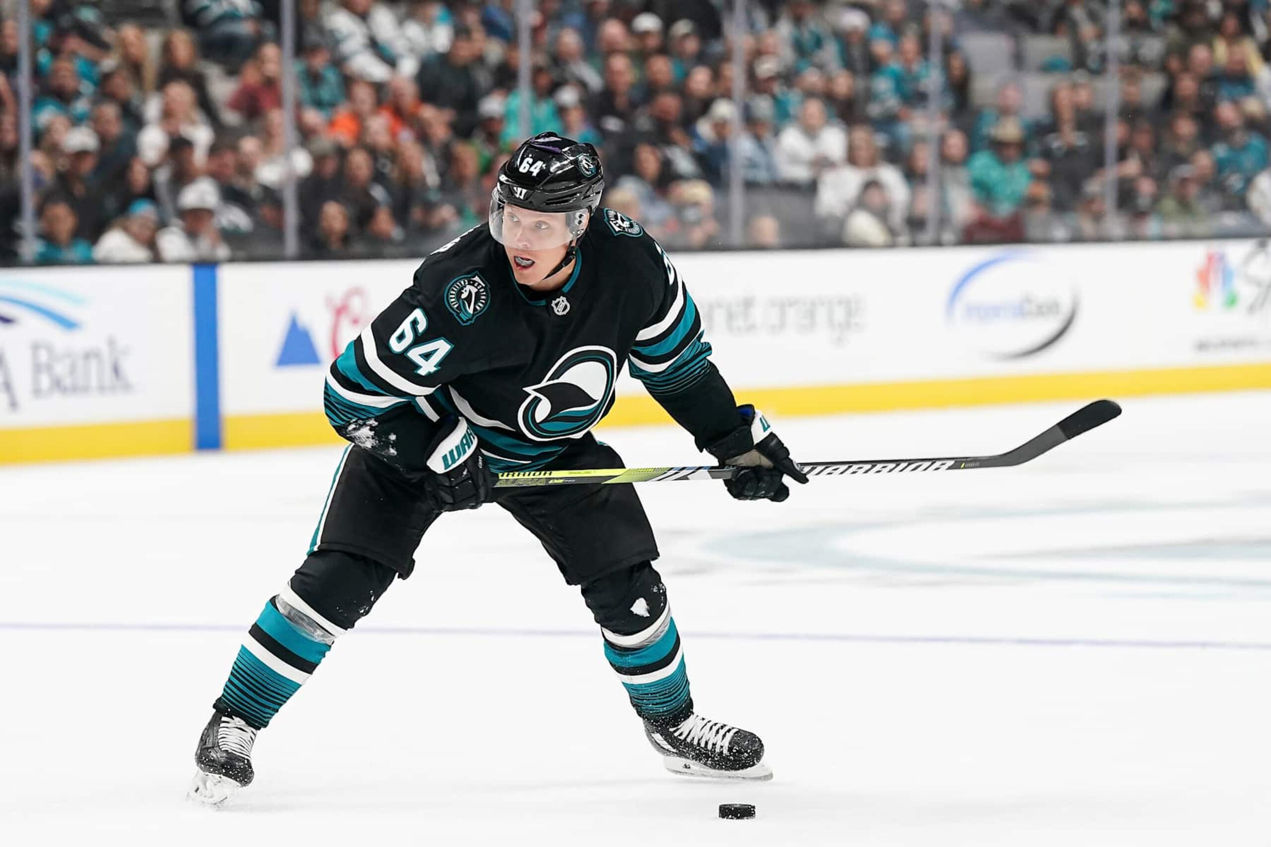 SAN JOSE, CA - OCTOBER 12: Mikael Granlund #64 of the San Jose Sharks takes a shot on goal in the third period against the Anaheim Ducks at SAP Center on October 12, 2024 in San Jose, California. (Photo by Kavin Mistry/NHLI via Getty Images)