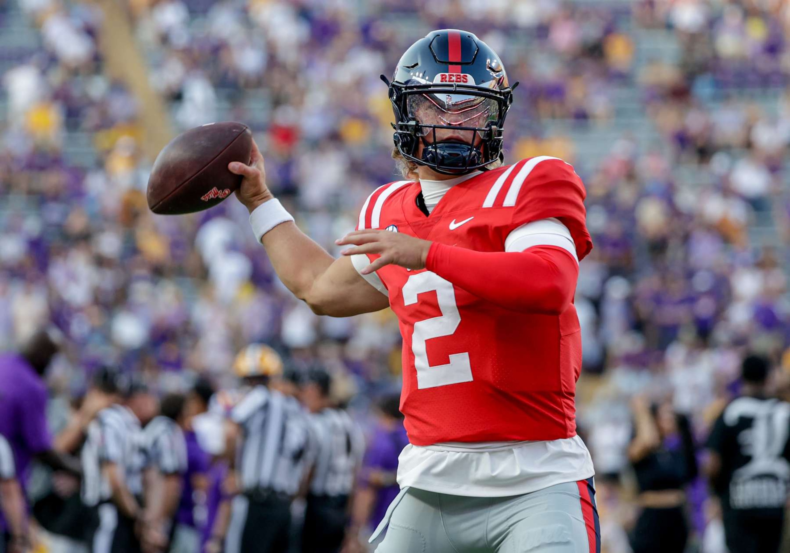 BATON ROUGE, LOUISIANA - OCTOBER 12: Quarterback Jaxson Dart #2 of the Ole Miss Rebels throws a pass during warmups before a game against the LSU Tigers at Tiger Stadium on October 12, 2024 in Baton Rouge, Louisiana. (Photo by Derick E. Hingle/Getty Images)