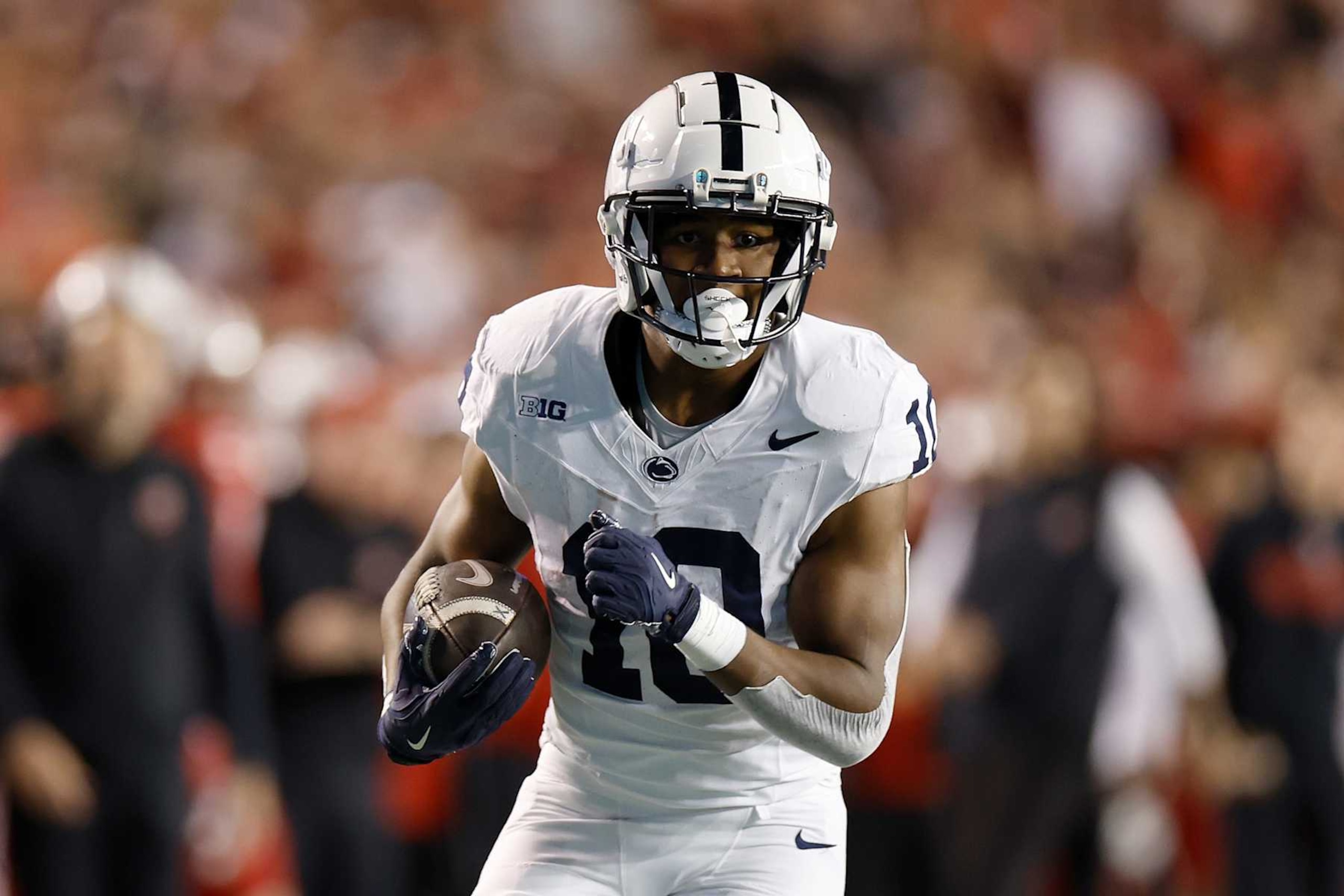 MADISON, WISCONSIN - OCTOBER 26: Nicholas Singleton #10 of the Penn State Nittany Lions catches a 27 yard pass in the second quarter against the Wisconsin Badgers at Camp Randall Stadium on October 26, 2024 in Madison, Wisconsin. (Photo by John Fisher/Getty Images)