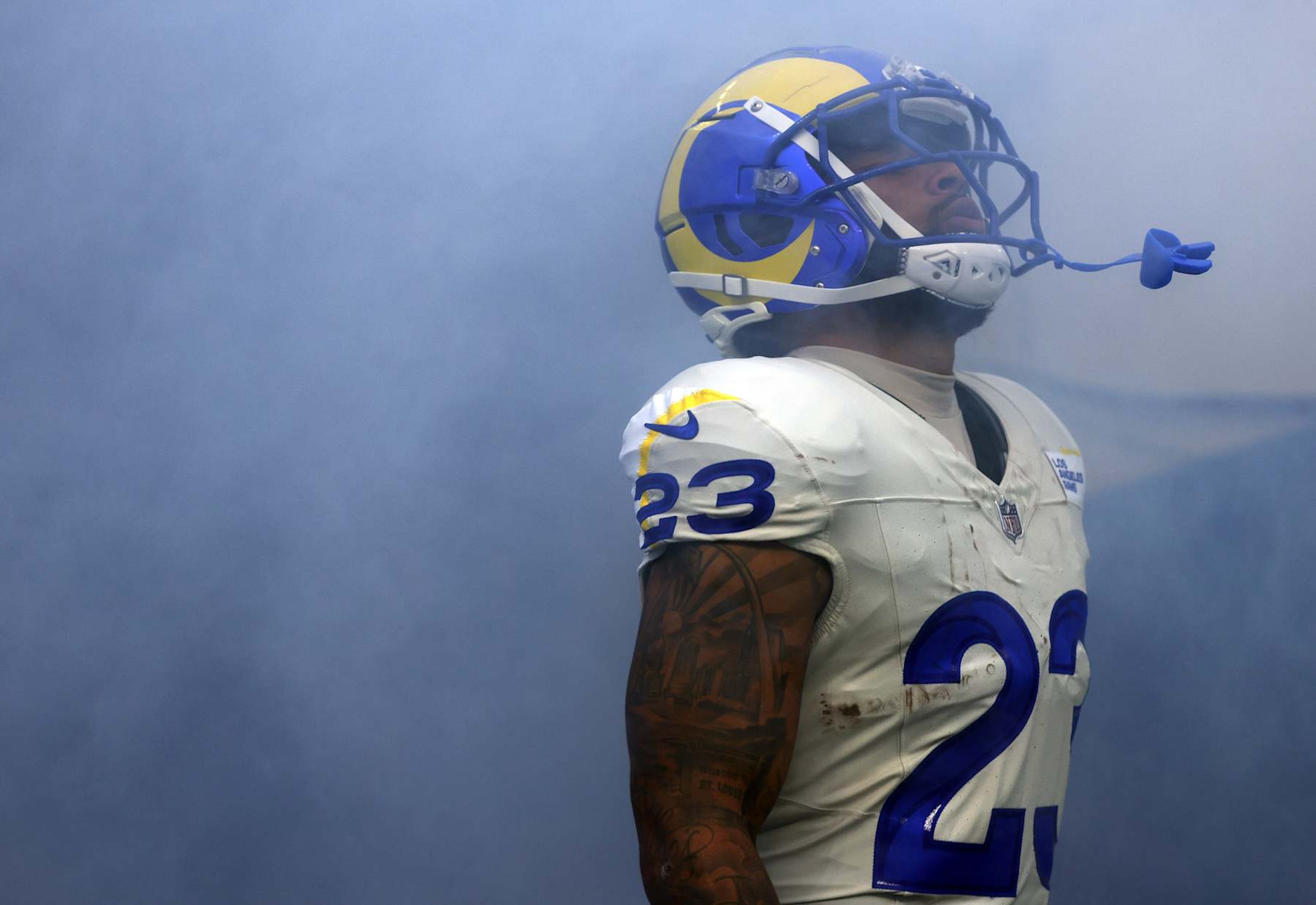 INGLEWOOD, CALIFORNIA - OCTOBER 24: Kyren Williams #23 of the Los Angeles Rams during introductions before a game against the Minnesota Vikings at SoFi Stadium on October 24, 2024 in Inglewood, California. (Photo by Katelyn Mulcahy/Getty Images)