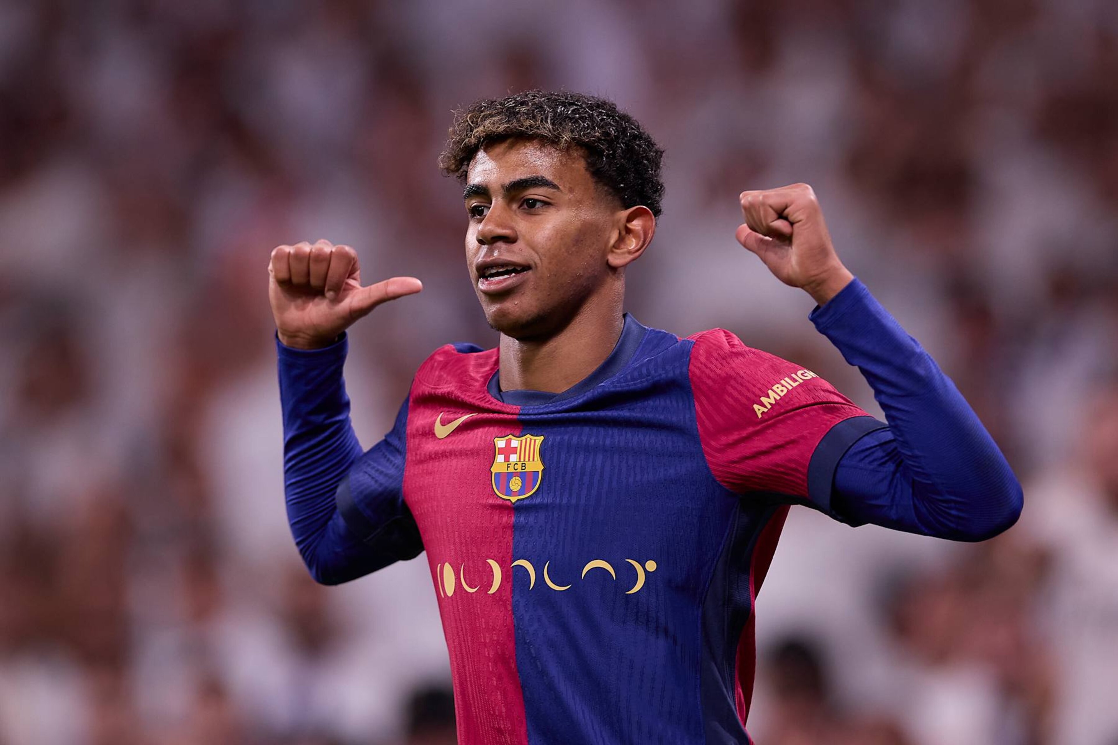 MADRID, SPAIN - 2024/10/26: Lamine Yamal of FC Barcelona celebrates a goal during the 2024/2025 La Liga EA Sports week 11 football match between Real Madrid CF and FC Barcelona at Santiago Bernabeu stadium. Final score: Real Madrid CF 0 : 4 FC Barcelona. (Photo by Federico Titone/SOPA Images/LightRocket via Getty Images)