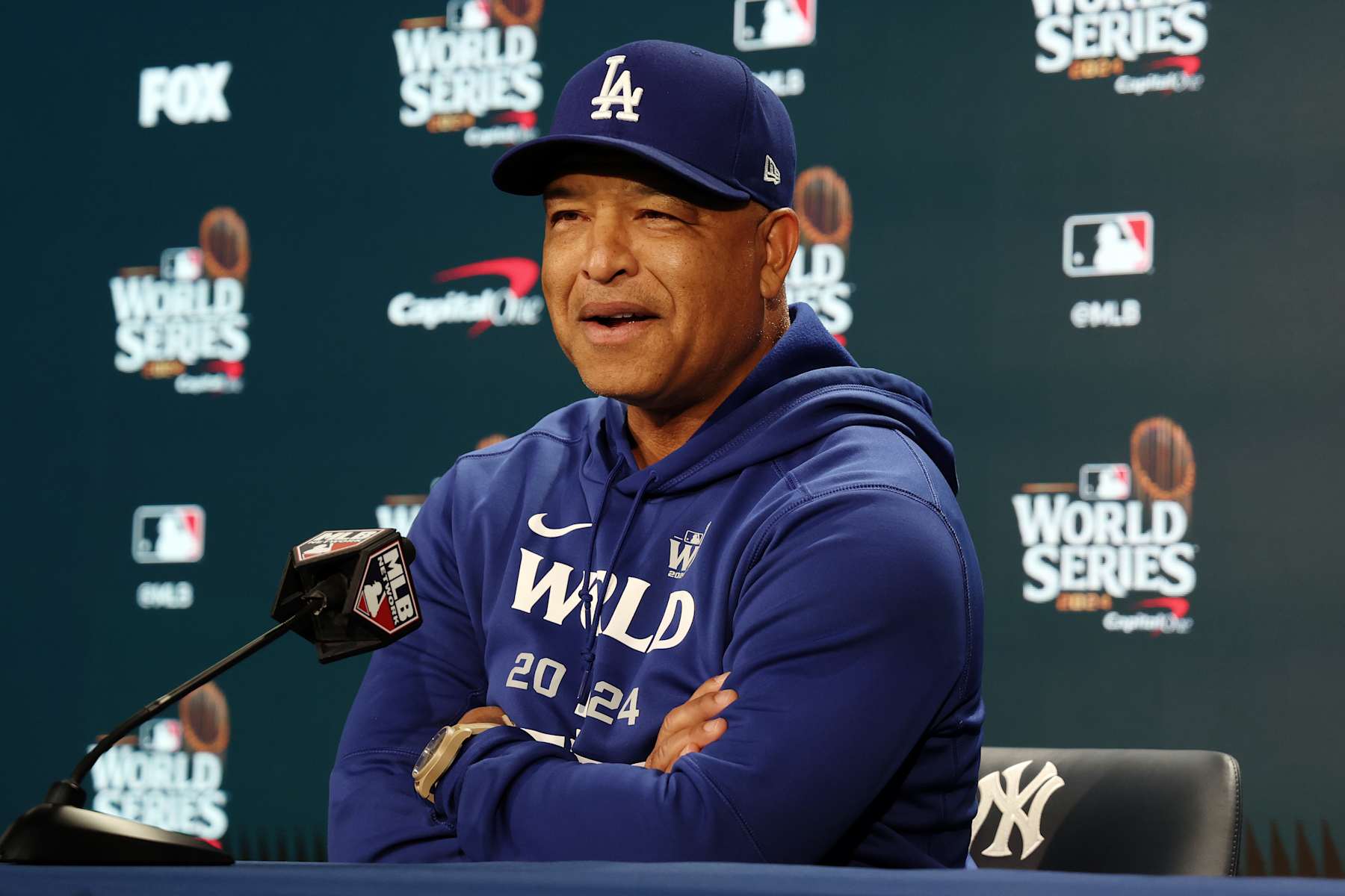 NEW YORK, NEW YORK - OCTOBER 27: Manager Dave Roberts of the Los Angeles Dodgers speaks at a press conference at World Series Workout Day ahead of Game 3 against the New York Yankees at Yankee Stadium on October 27, 2024 in the Bronx borough of New York City. (Photo by Sarah Stier/Getty Images)
