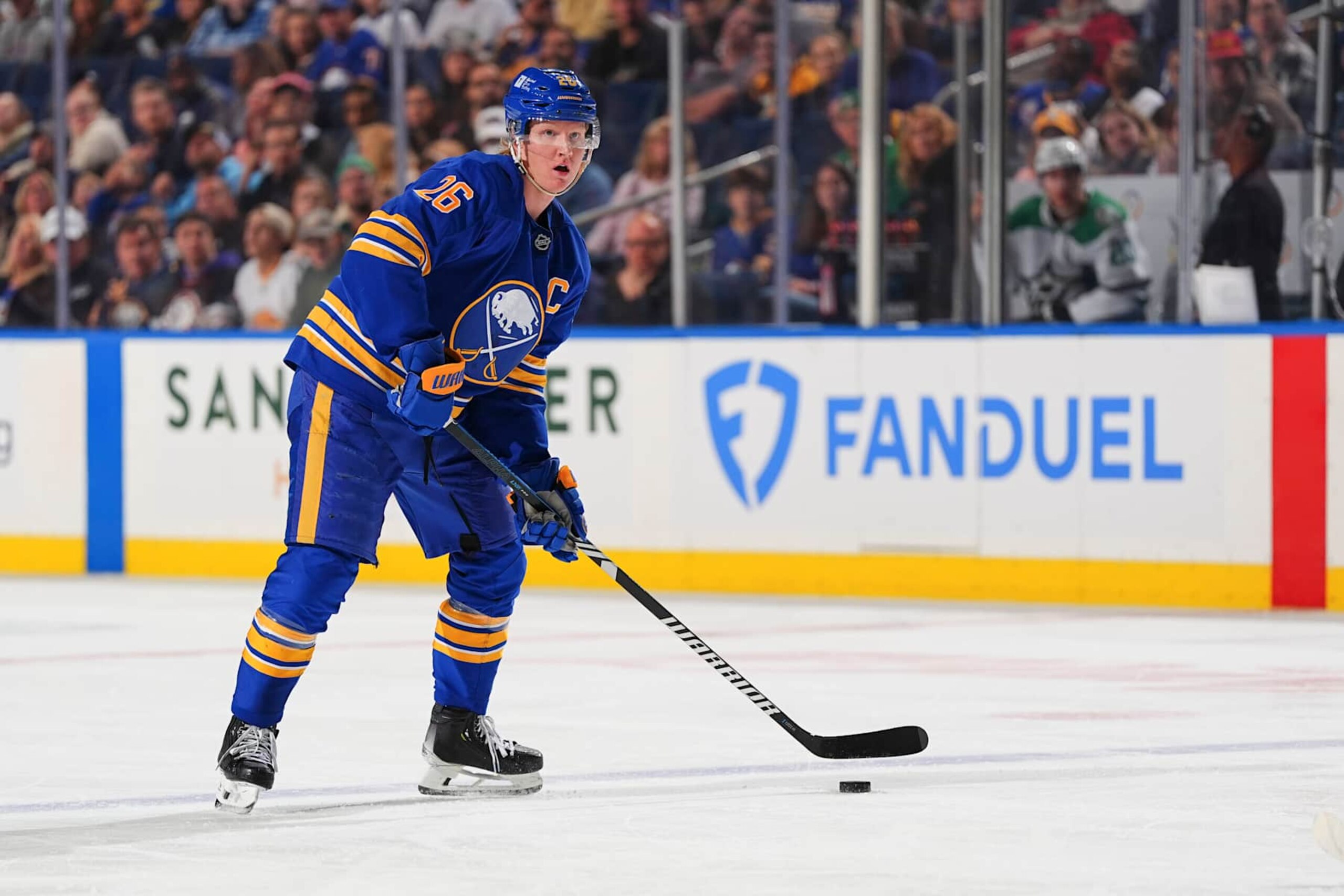 BUFFALO, NEW YORK - OCTOBER 22: Rasmus Dahlin #26 of the Buffalo Sabres controls the puck during an NHL game on October 22, 2024 at KeyBank Center in Buffalo, New York. (Photo by Ben Ludeman/NHLI via Getty Images)