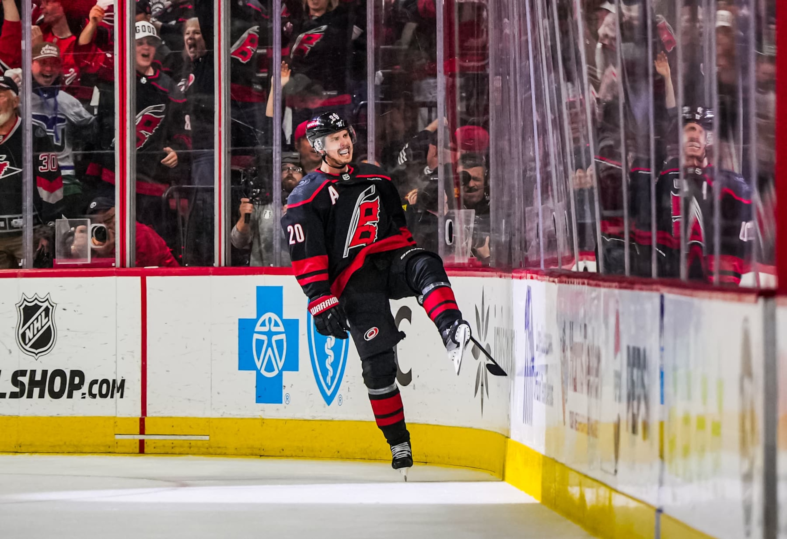 RALEIGH, NORTH CAROLINA - MAY 16: Sebastian Aho #20 of the Carolina Hurricanes celebrates after a goal during the second period against the New York Rangers in Game Six of the Second Round of the 2024 Stanley Cup Playoffs at PNC Arena on May 16, 2024 in Raleigh, North Carolina.  (Photo by Josh Lavallee/NHLI via Getty Images)