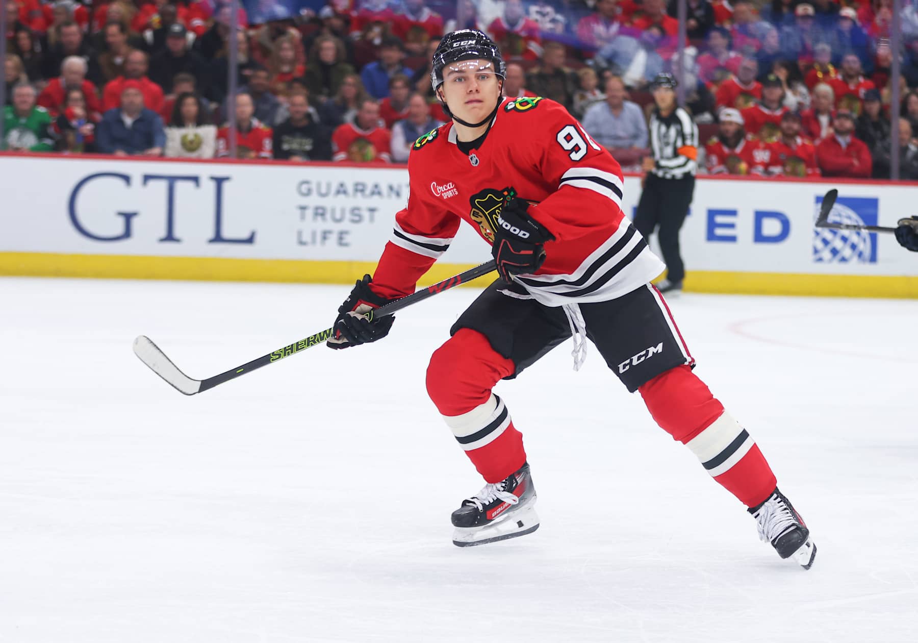CHICAGO, IL - OCTOBER 25: Chicago Blackhawks center Connor Bedard (98) skates in action during the first period against the Nashville Predators on October 25, 2024 at the United Center in Chicago,Illinois. (Photo by Melissa Tamez/Icon Sportswire via Getty Images)