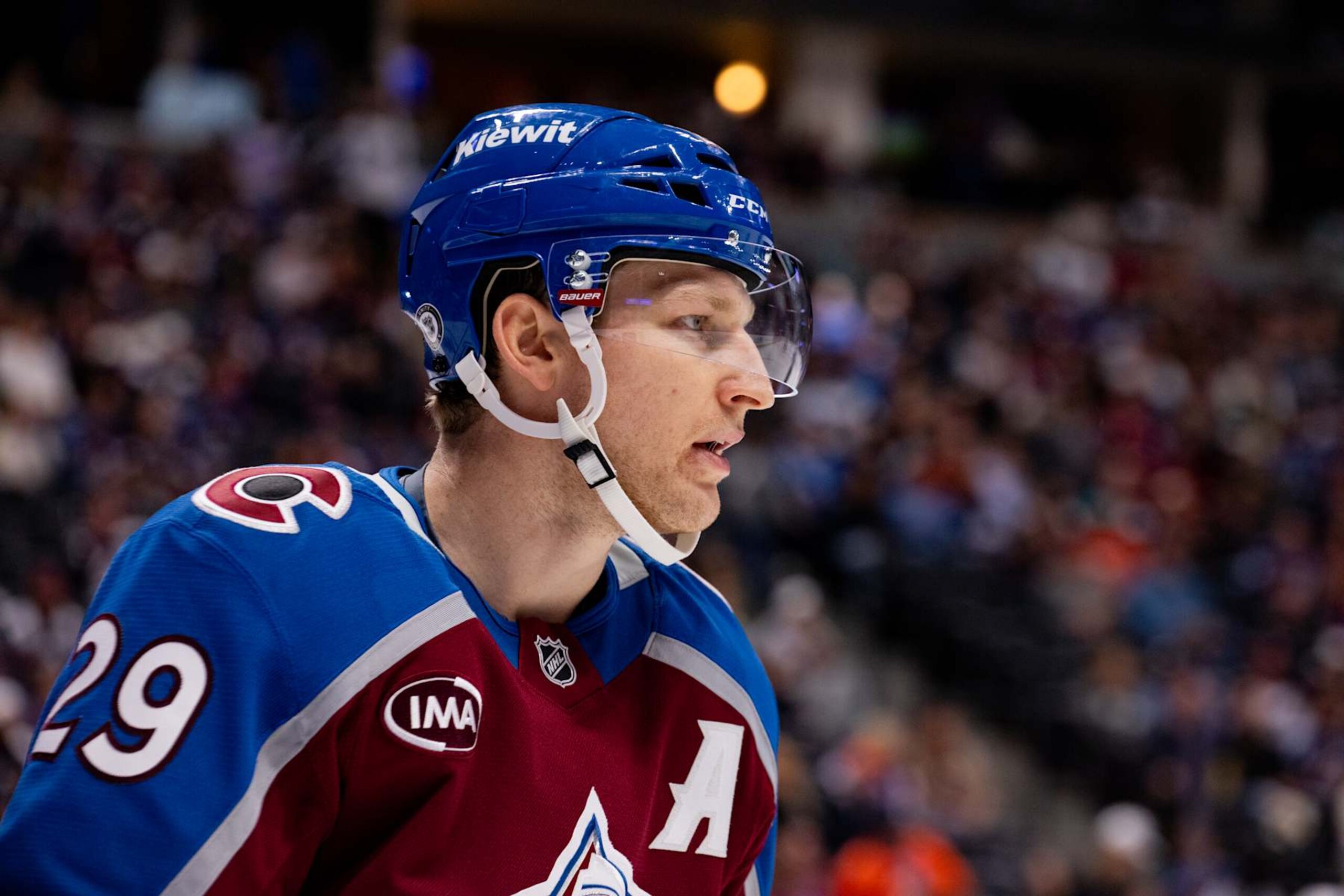 DENVER, COLORADO - OCTOBER 27: Nathan MacKinnon #29 of the Colorado Avalanche looks on during a stoppage in play in the game against the Ottawa Senators at Ball Arena on October 27, 2024 in Denver, Colorado. (Photo by Ashley Potts/NHLI via Getty Images)