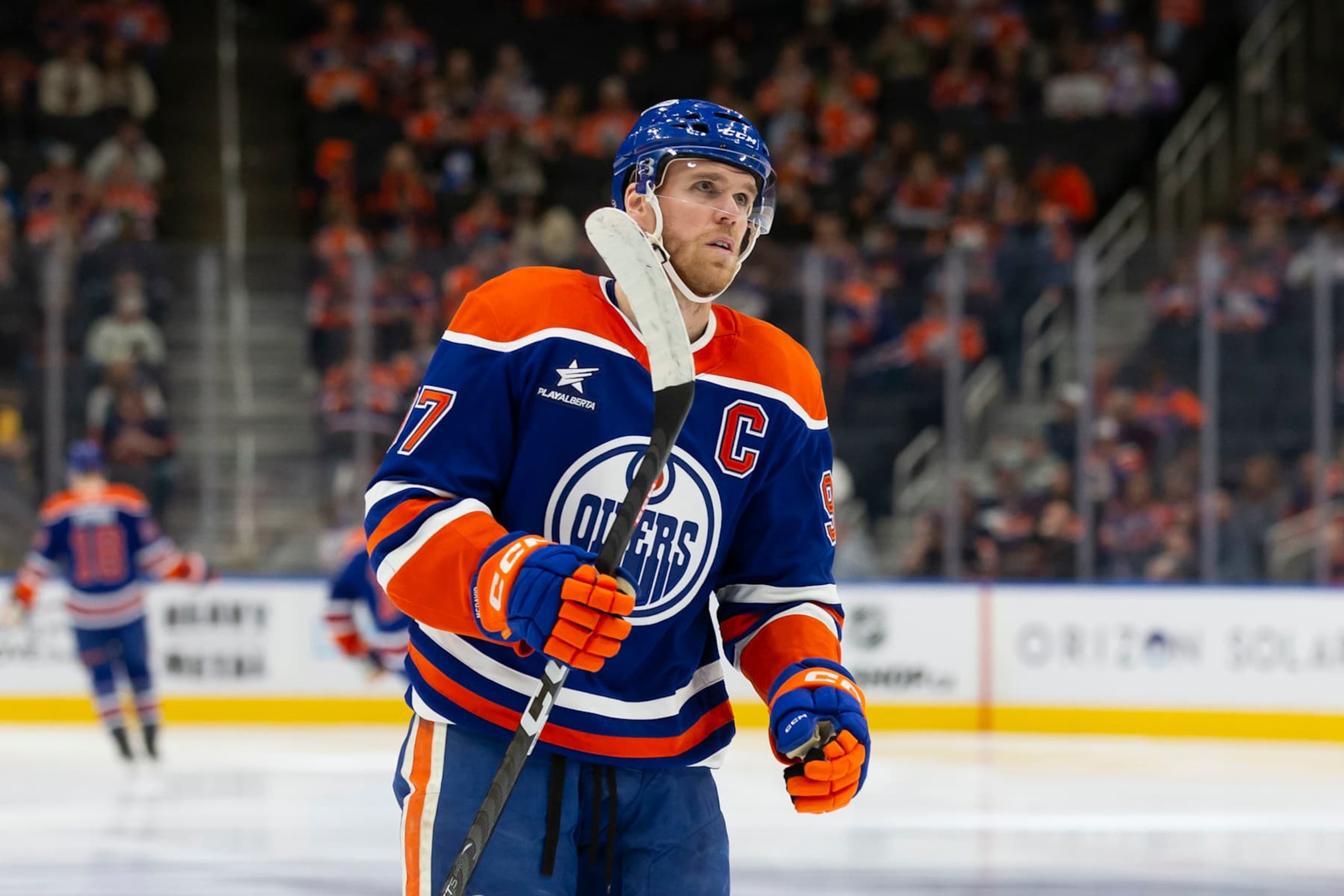 EDMONTON, CANADA - OCTOBER 22: Connor McDavid #97 of the Edmonton Oilers skates against the Carolina Hurricanes during the second period at Rogers Place on October 22, 2024 in Edmonton, Canada. (Photo by Codie McLachlan/Getty Images)