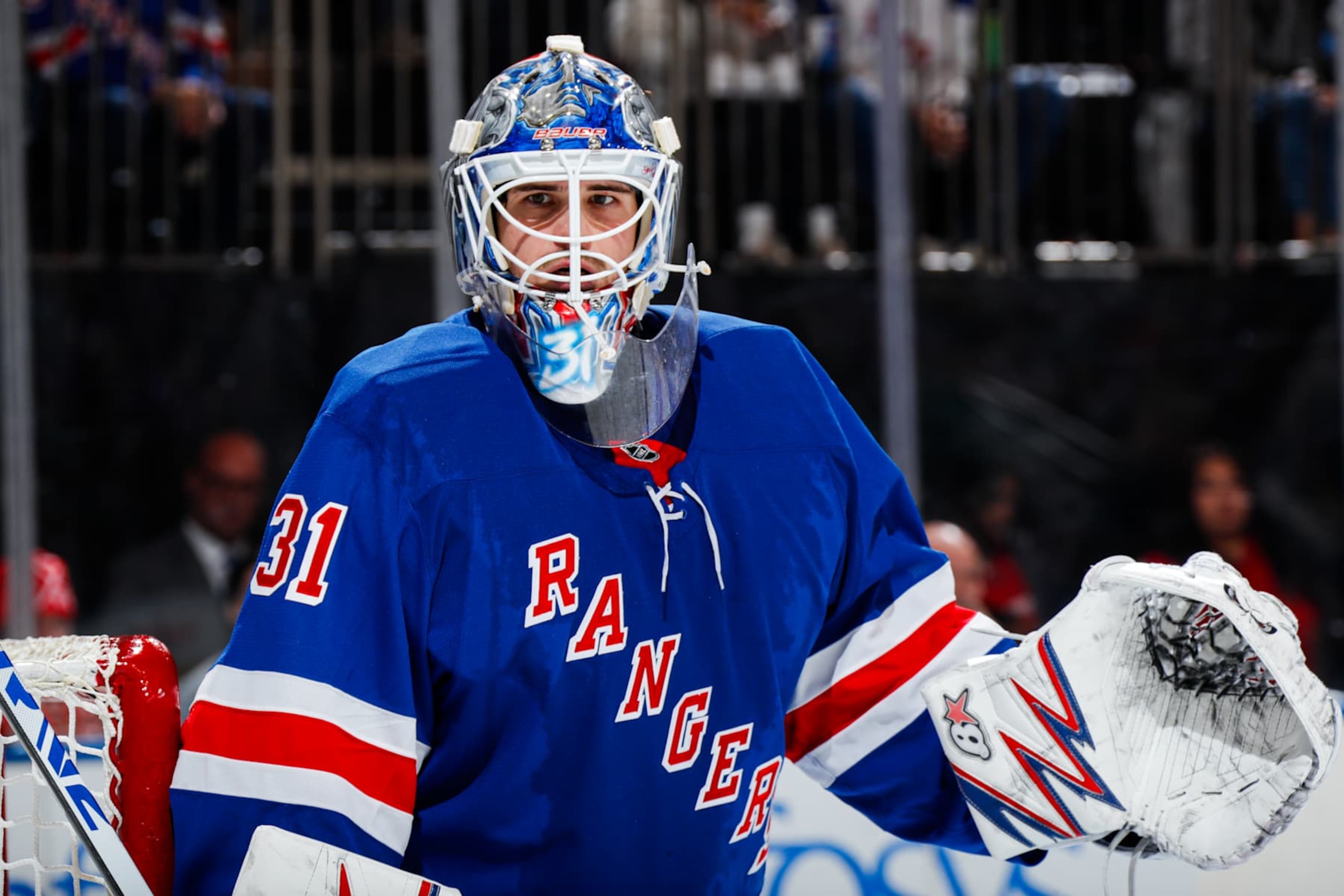 NEW YORK, NEW YORK - OCTOBER 14:  Igor Shesterkin #31 of the New York Rangers tends the net against the Detroit Red Wings at Madison Square Garden on October 14, 2024 in New York City. (Photo by Jared Silber/NHLI via Getty Images)
