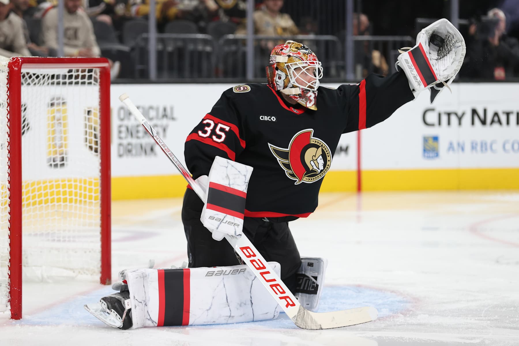 LAS VEGAS, NEVADA - OCTOBER 25: Linus Ullmark #35 of the Ottawa Senators makes a save during the second period against the Vegas Golden Knights at T-Mobile Arena on October 25, 2024 in Las Vegas, Nevada. (Photo by Zak Krill/NHLI via Getty Images)