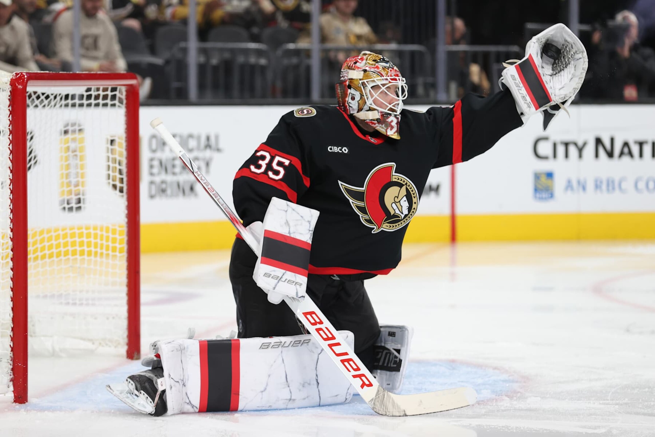 LAS VEGAS, NEVADA - OCTOBER 25: Linus Ullmark #35 of the Ottawa Senators makes a save during the second period against the Vegas Golden Knights at T-Mobile Arena on October 25, 2024 in Las Vegas, Nevada. (Photo by Zak Krill/NHLI via Getty Images)