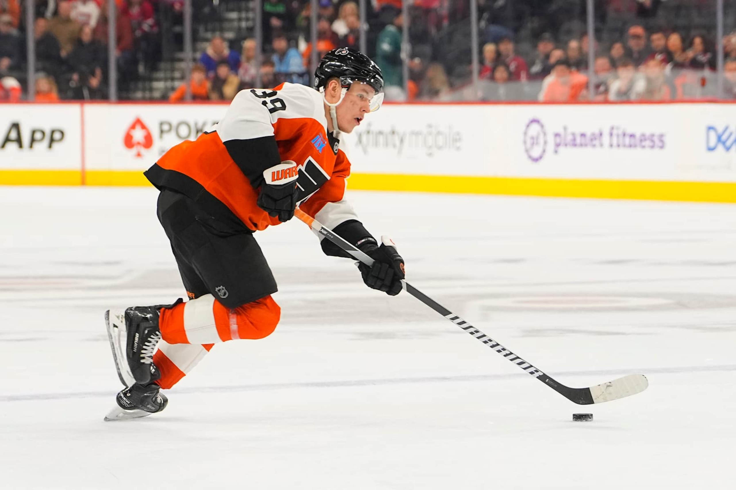 PHILADELPHIA, PA - OCTOBER 27: Philadelphia Flyers Right Wing Matvei Michkov (39) skates with the puck during the third period of the National Hockey League game between the Montreal Canadiens and the Philadelphia Flyers on October 27, 2024, at the Wells Fargo Center in Philadelphia, PA. (Photo by Gregory Fisher/Icon Sportswire via Getty Images)