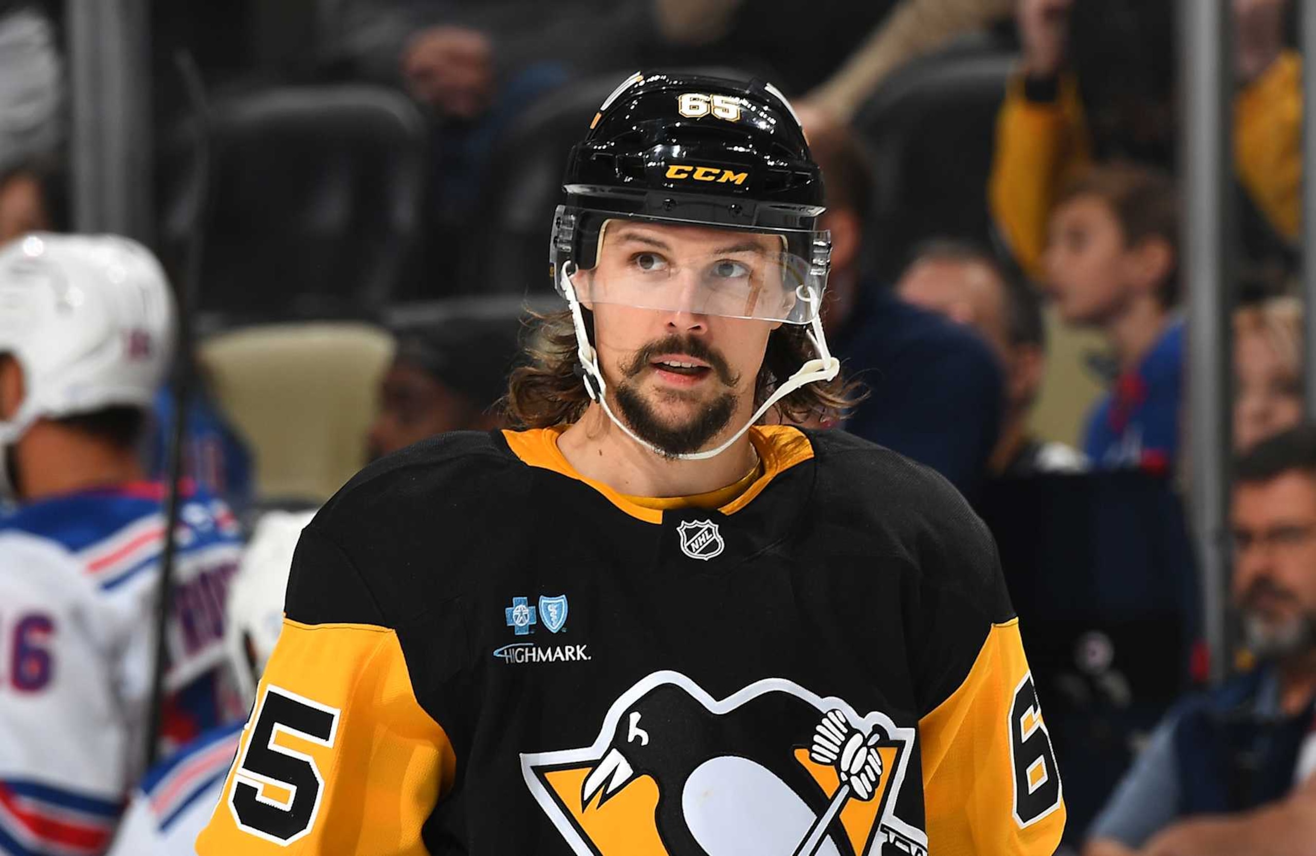 PITTSBURGH, PA - OCTOBER 9:  Erik Karlsson #65 of the Pittsburgh Penguins skates against the New York Rangers at PPG PAINTS Arena on October 9, 2024 in Pittsburgh, Pennsylvania. (Photo by Joe Sargent/NHLI via Getty Images)