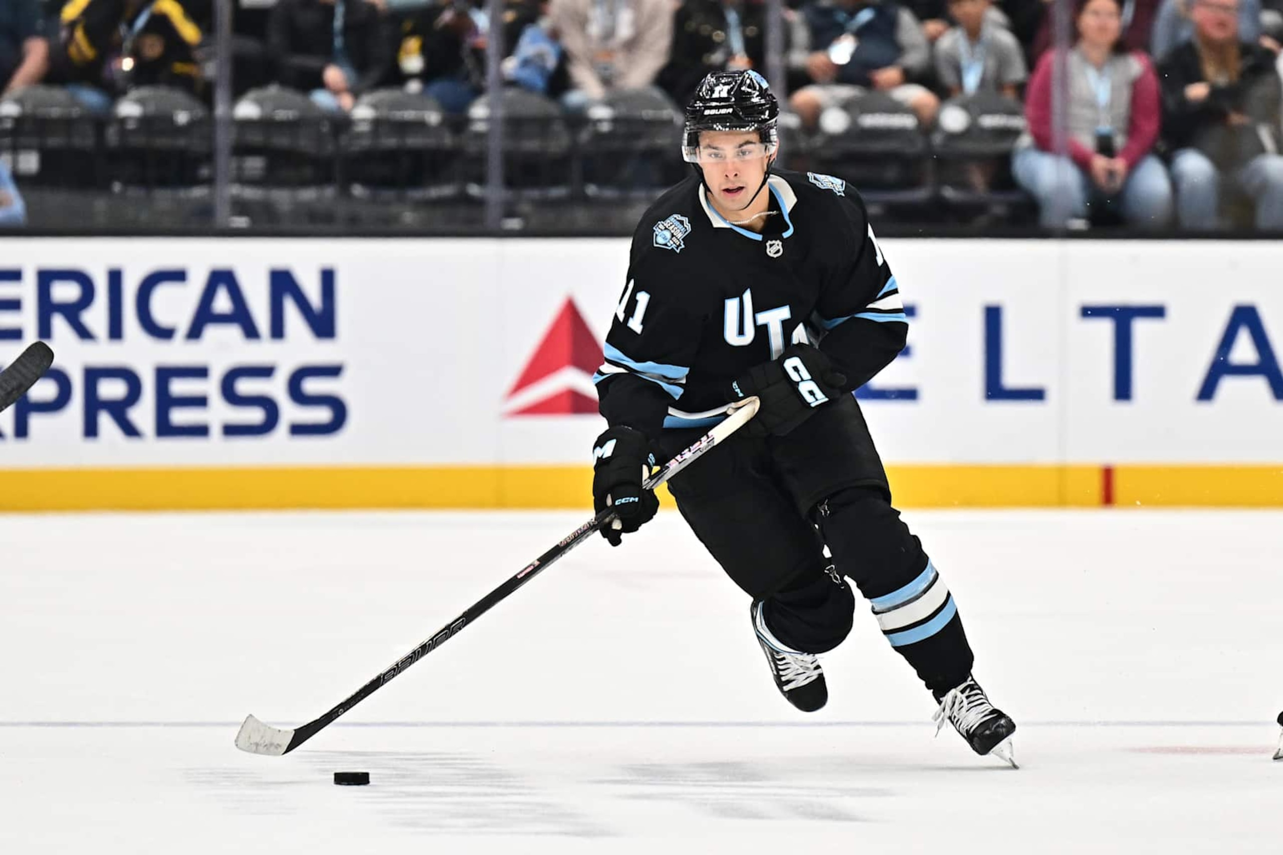 SALT LAKE CITY, UTAH - OCTOBER 24:  Dylan Guenther #11 of the Utah Hockey Club skates against the Colorado Avalanche on October 24, 2024 at Delta Center in Salt Lake City, Utah.  (Photo by Jamie Sabau/NHLI via Getty Images)