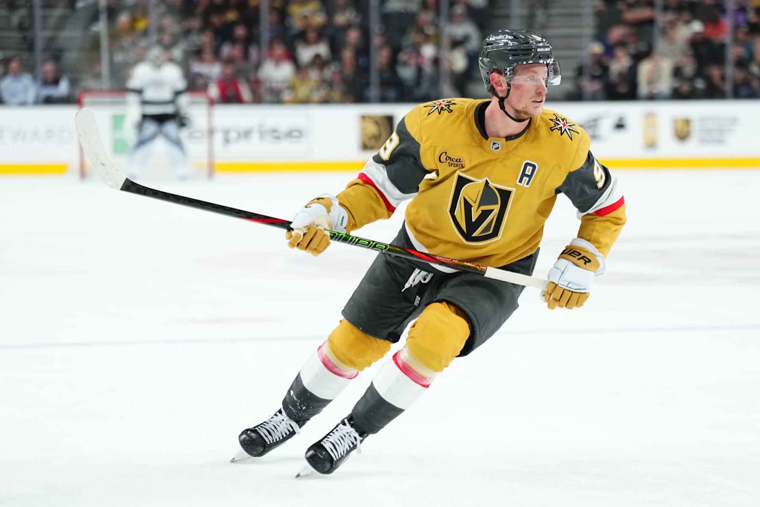 LAS VEGAS, NEVADA - OCTOBER 22: Jack Eichel #9 of the Vegas Golden Knights skates during the second period against the Los Angeles Kings at T-Mobile Arena on October 22, 2024 in Las Vegas, Nevada. (Photo by Jeff Bottari/NHLI via Getty Images)