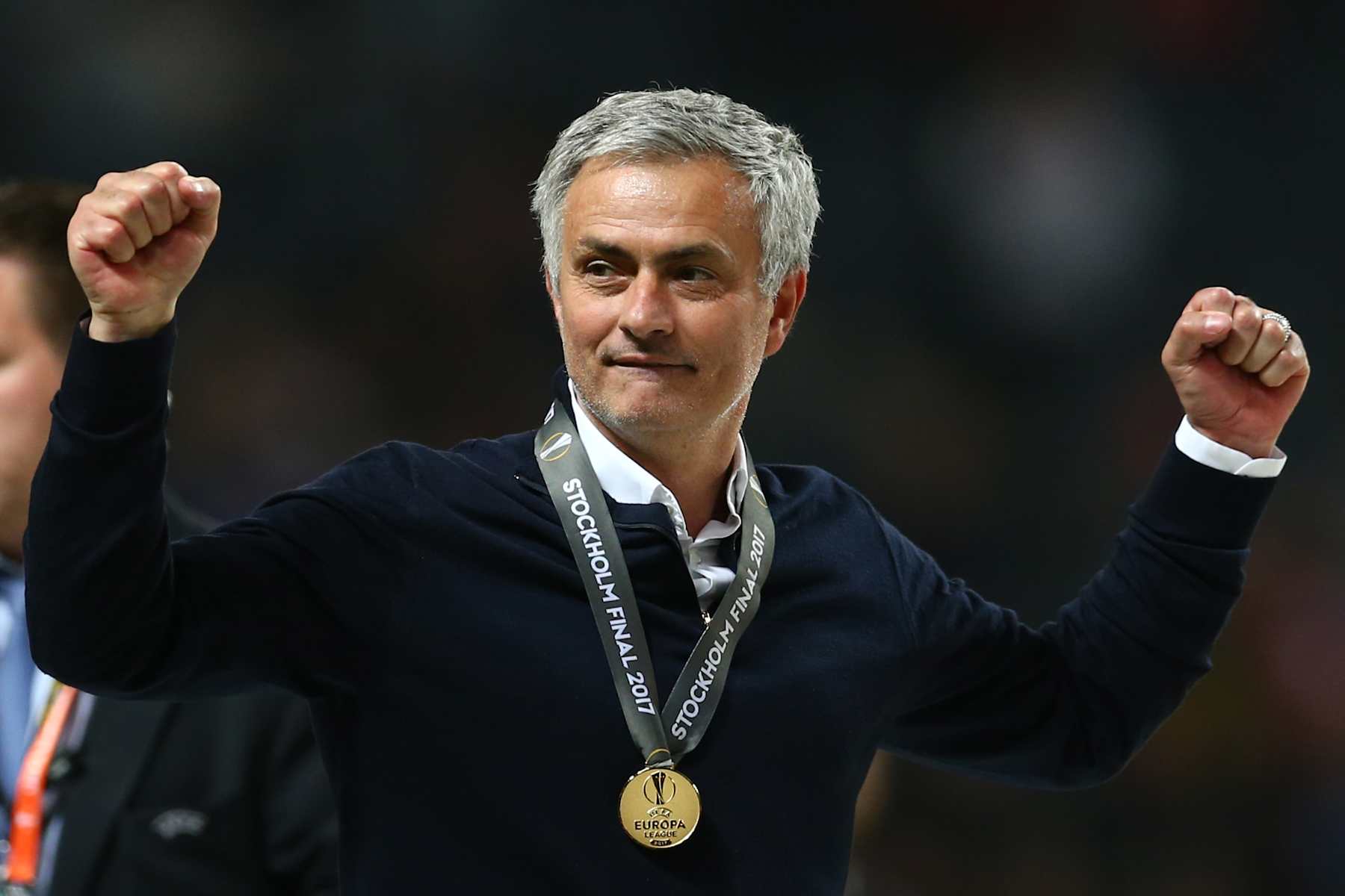 STOCKHOLM, SWEDEN - MAY 24:  Jose Mourinho, Manager of Manchester United celebrates victory with his winners medal after the UEFA Europa League Final between Ajax and Manchester United at Friends Arena on May 24, 2017 in Stockholm, Sweden.  (Photo by Steve Bardens - UEFA/UEFA via Getty Images)