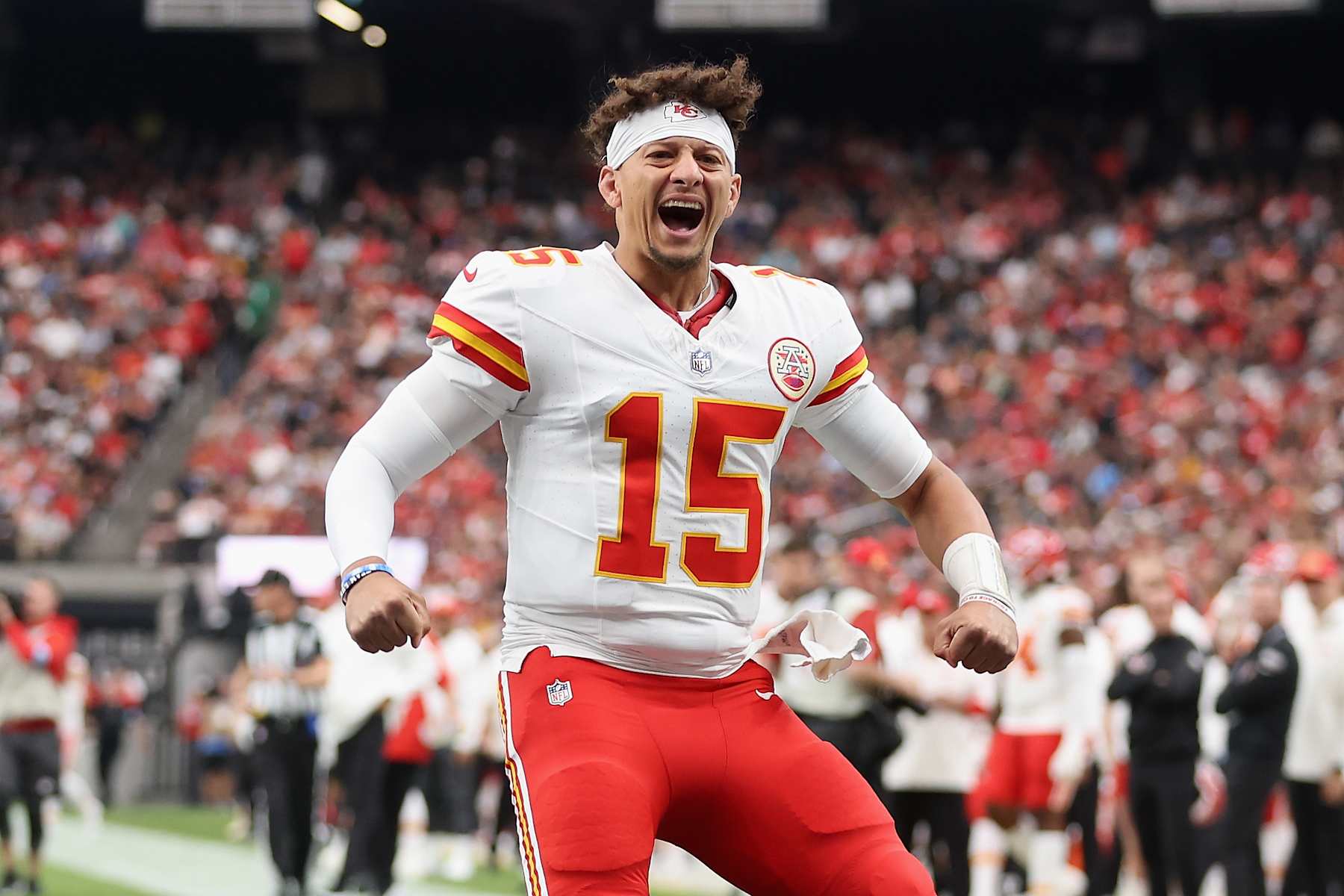 LAS VEGAS, NEVADA - OCTOBER 27:  Patrick Mahomes #15 of the Kansas City Chiefs reacts before the start of the NFL game against the Las Vegas Raiders at Allegiant Stadium on October 27, 2024 in Las Vegas, Nevada. The Chiefs defeated the Raiders 27-20.  (Photo by Christian Petersen/Getty Images)