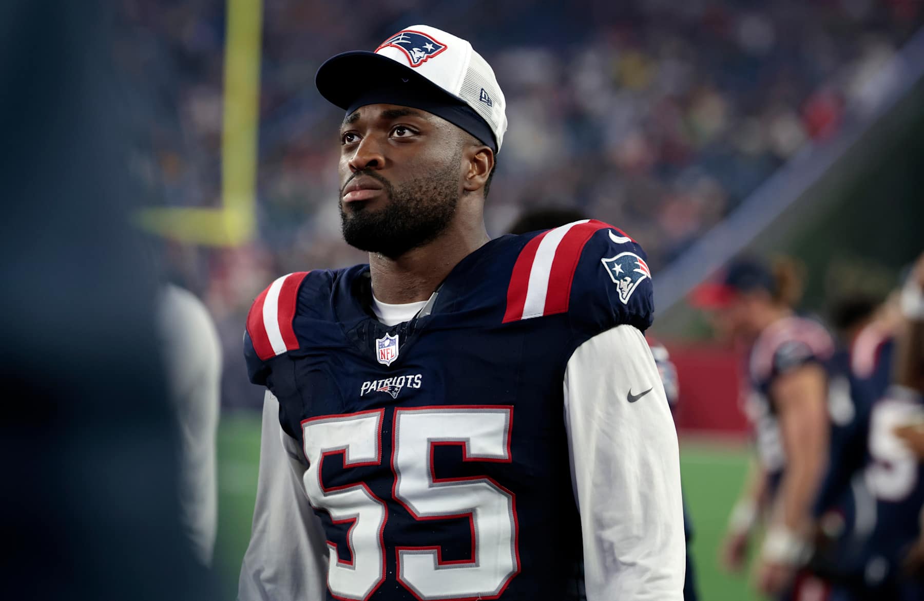 FOXBOROUGH, MA - AUGUST 15: New England Patriots linebacker Josh Uche (55) during a preseason game between the New England Patriots and the Philadelphia Eagles on August 15, 2024, at Gillette Stadium in Foxborough, Massachusetts. (Photo by Fred Kfoury III/Icon Sportswire via Getty Images)