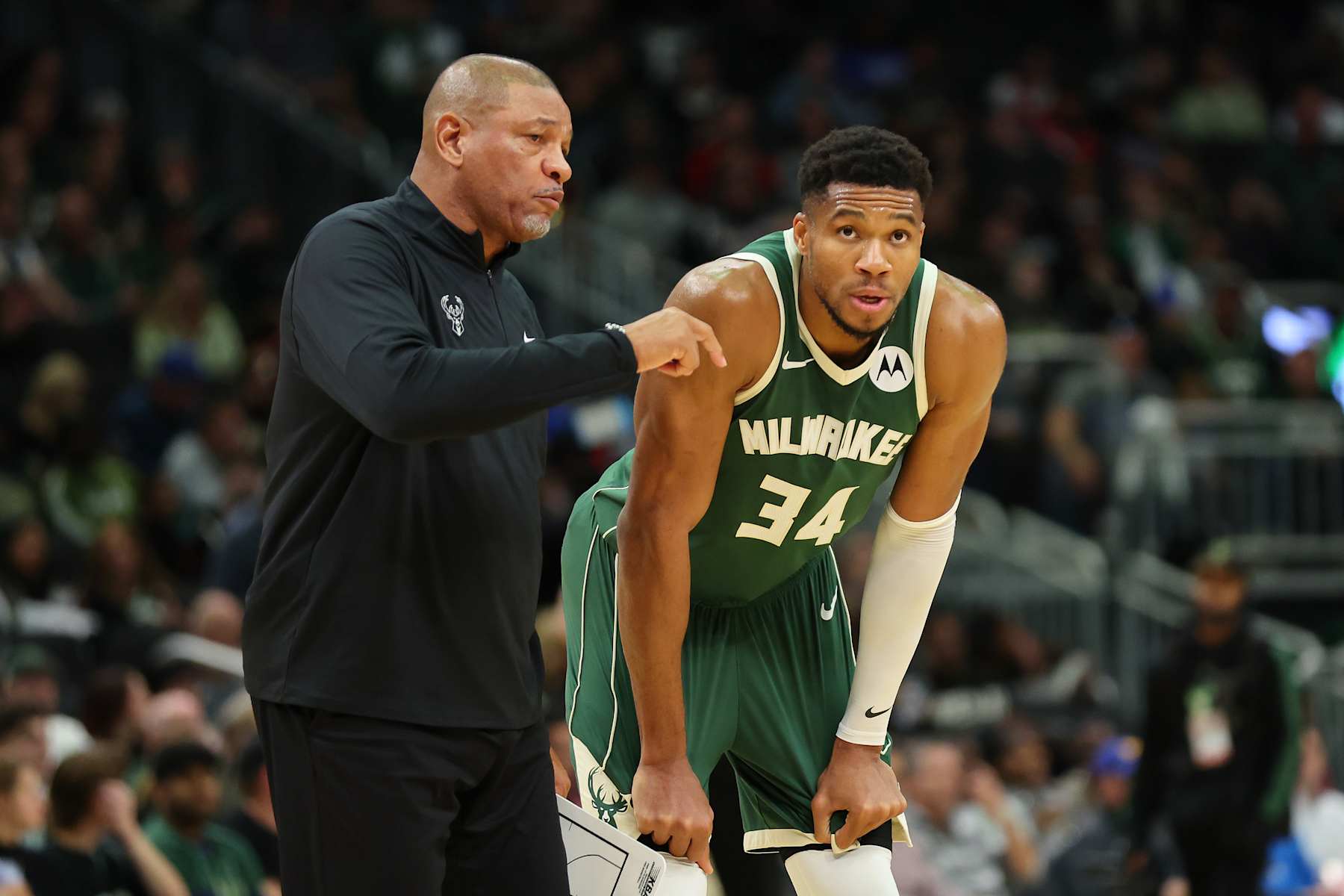 Bucks head coach Doc Rivers and forward Giannis Antetokounmpo
