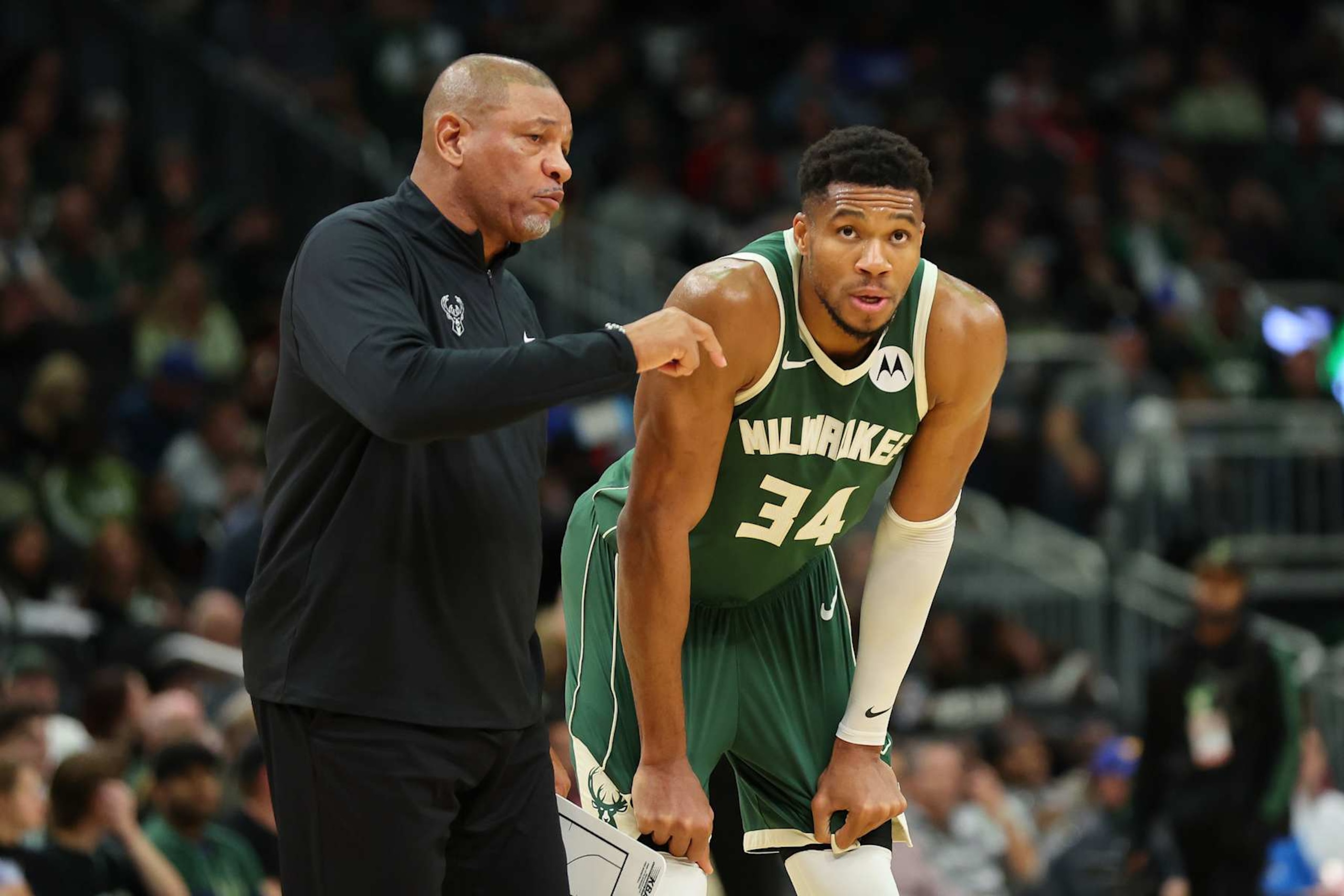 Bucks head coach Doc Rivers and forward Giannis Antetokounmpo