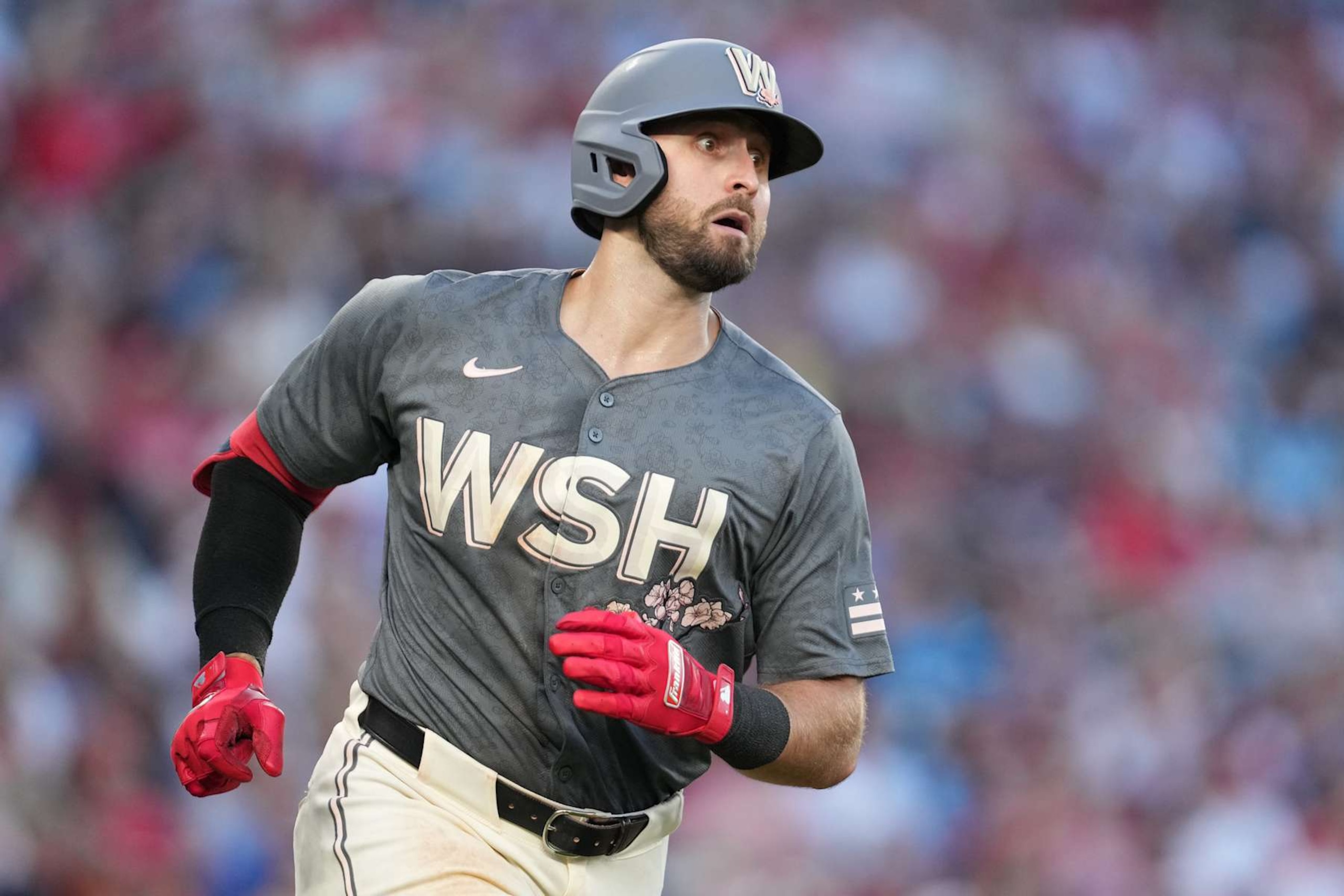 WASHINGTON, DC -SEPTEMBER 28:  Joey Gallo #24 of the Washington Nationals rounds the bases after hitting a home run during a baseball game against the Philadelphia Phillies at Nationals Park on September 28, 2024 in Washington, DC.  (Photo by Mitchell Layton/Getty Images)
