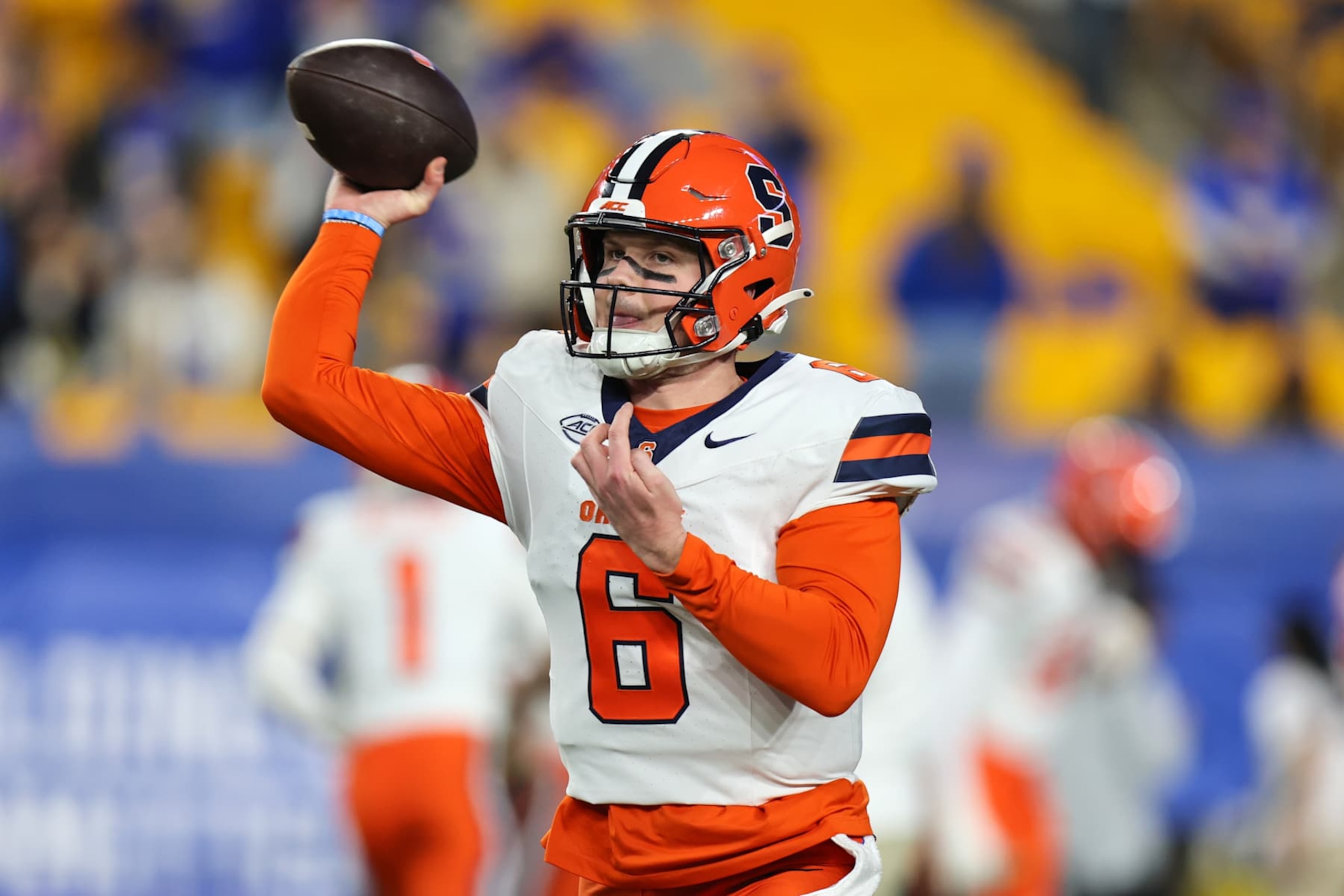 PITTSBURGH, PA - OCTOBER 24: Syracuse Orange quarterback Kyle McCord (6) warms up prior to the college football game between the Syracuse Orange and Pittsburgh Panthers on October 24, 2024, at Acrisure Stadium in Pittsburgh, PA. (Photo by Frank Jansky/Icon Sportswire via Getty Images) PITTSBURGH, PA - OCTOBER 24: Syracuse Orange quarterback Kyle McCord (6) warms up prior to the college football game between the Syracuse Orange and Pittsburgh Panthers on October 24, 2024, at Acrisure Stadium in Pittsburgh, PA. (Photo by Frank Jansky/Icon Sportswire via Getty Images)