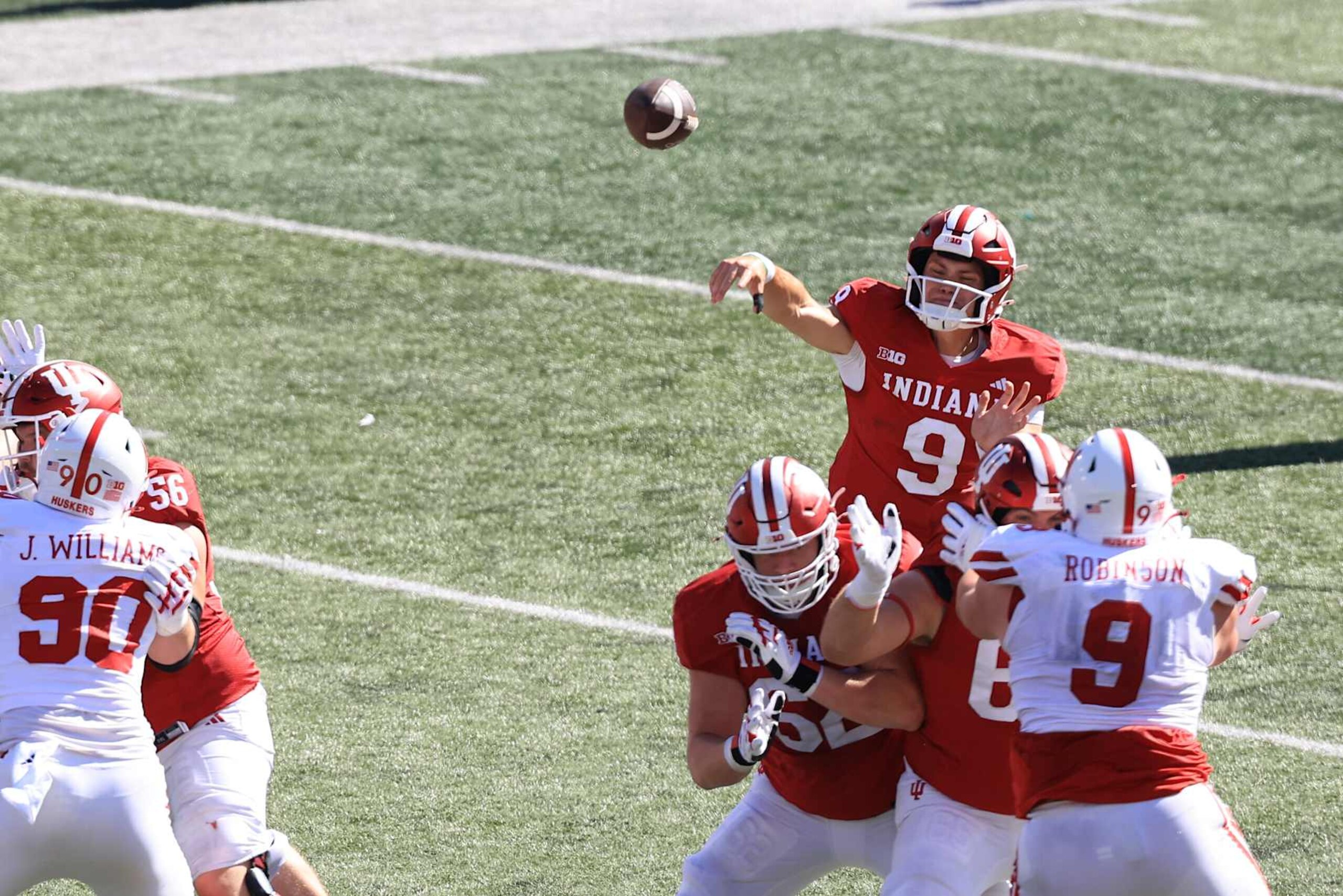 BLOOMINGTON, INDIANA - OCTOBER 19: Kurtis Rourke #9 of the Indiana Hoosiers throws the ball against the Nebraska Cornhuskers at Memorial Stadium on October 19, 2024 in Bloomington, Indiana. (Photo by Justin Casterline/Getty Images) BLOOMINGTON, INDIANA - OCTOBER 19: Kurtis Rourke #9 of the Indiana Hoosiers throws the ball against the Nebraska Cornhuskers at Memorial Stadium on October 19, 2024 in Bloomington, Indiana. (Photo by Justin Casterline/Getty Images)