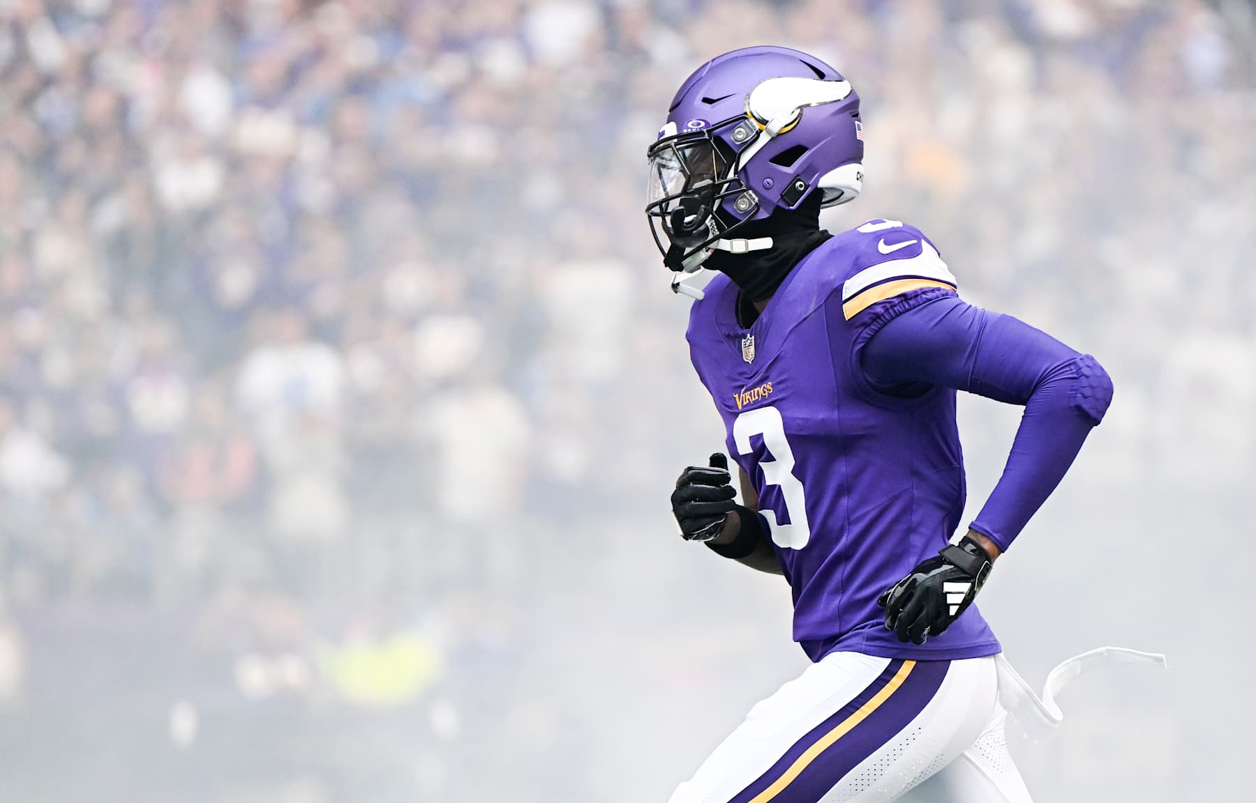 MINNEAPOLIS, MINNESOTA - OCTOBER 20: Jordan Addison #3 of the Minnesota Vikings takes the field as players are introduced before the game against the Detroit Lions at U.S. Bank Stadium on October 20, 2024 in Minneapolis, Minnesota. (Photo by Stephen Maturen/Getty Images)