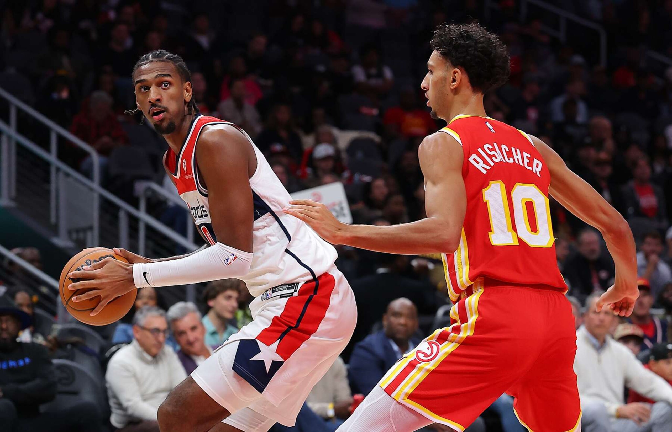 ATLANTA, GEORGIA - OCTOBER 28: Alexandre Sarr #20 of the Washington Wizards turns to shoot against Zaccharie Risacher #10 of the Atlanta Hawks during the second quarter at State Farm Arena on October 28, 2024 in Atlanta, Georgia. NOTE TO USER: User expressly acknowledges and agrees that, by downloading and/or using this photograph, user is consenting to the terms and conditions of the Getty Images License Agreement. (Photo by Kevin C. Cox/Getty Images) ATLANTA, GEORGIA - OCTOBER 28: Alexandre Sarr #20 of the Washington Wizards turns to shoot against Zaccharie Risacher #10 of the Atlanta Hawks during the second quarter at State Farm Arena on October 28, 2024 in Atlanta, Georgia. NOTE TO USER: User expressly acknowledges and agrees that, by downloading and/or using this photograph, user is consenting to the terms and conditions of the Getty Images License Agreement. (Photo by Kevin C. Cox/Getty Images)