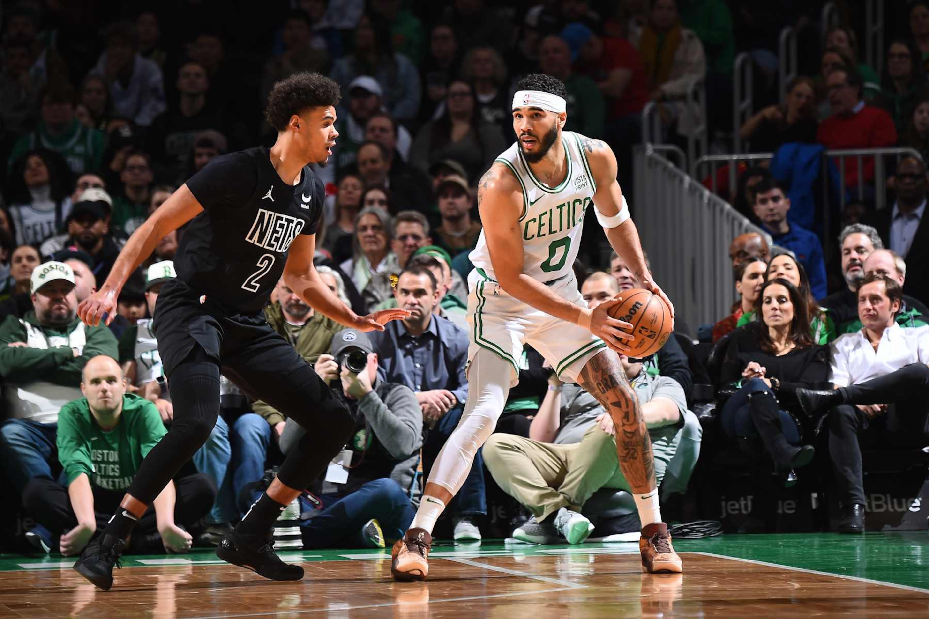 BOSTON, MA - FEBRUARY 14: Jayson Tatum #0 of the Boston Celtics handles the ball during the game against the Brooklyn Nets on February 14, 2024 at the TD Garden in Boston, Massachusetts. NOTE TO USER: User expressly acknowledges and agrees that, by downloading and or using this photograph, User is consenting to the terms and conditions of the Getty Images License Agreement. Mandatory Copyright Notice: Copyright 2024 NBAE (Photo by Brian Babineau/NBAE via Getty Images) BOSTON, MA - FEBRUARY 14: Jayson Tatum #0 of the Boston Celtics handles the ball during the game against the Brooklyn Nets on February 14, 2024 at the TD Garden in Boston, Massachusetts. NOTE TO USER: User expressly acknowledges and agrees that, by downloading and or using this photograph, User is consenting to the terms and conditions of the Getty Images License Agreement. Mandatory Copyright Notice: Copyright 2024 NBAE (Photo by Brian Babineau/NBAE via Getty Images)