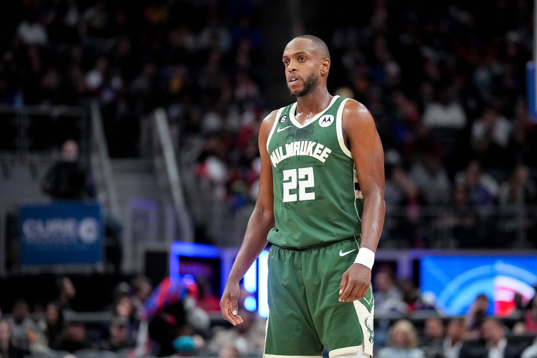 DETROIT, MICHIGAN - MARCH 27: Khris Middleton #22 of the Milwaukee Bucks looks on against the Detroit Pistons at Little Caesars Arena on March 27, 2023 in Detroit, Michigan. NOTE TO USER: User expressly acknowledges and agrees that, by downloading and or using this photograph, User is consenting to the terms and conditions of the Getty Images License Agreement. (Photo by Nic Antaya/Getty Images)