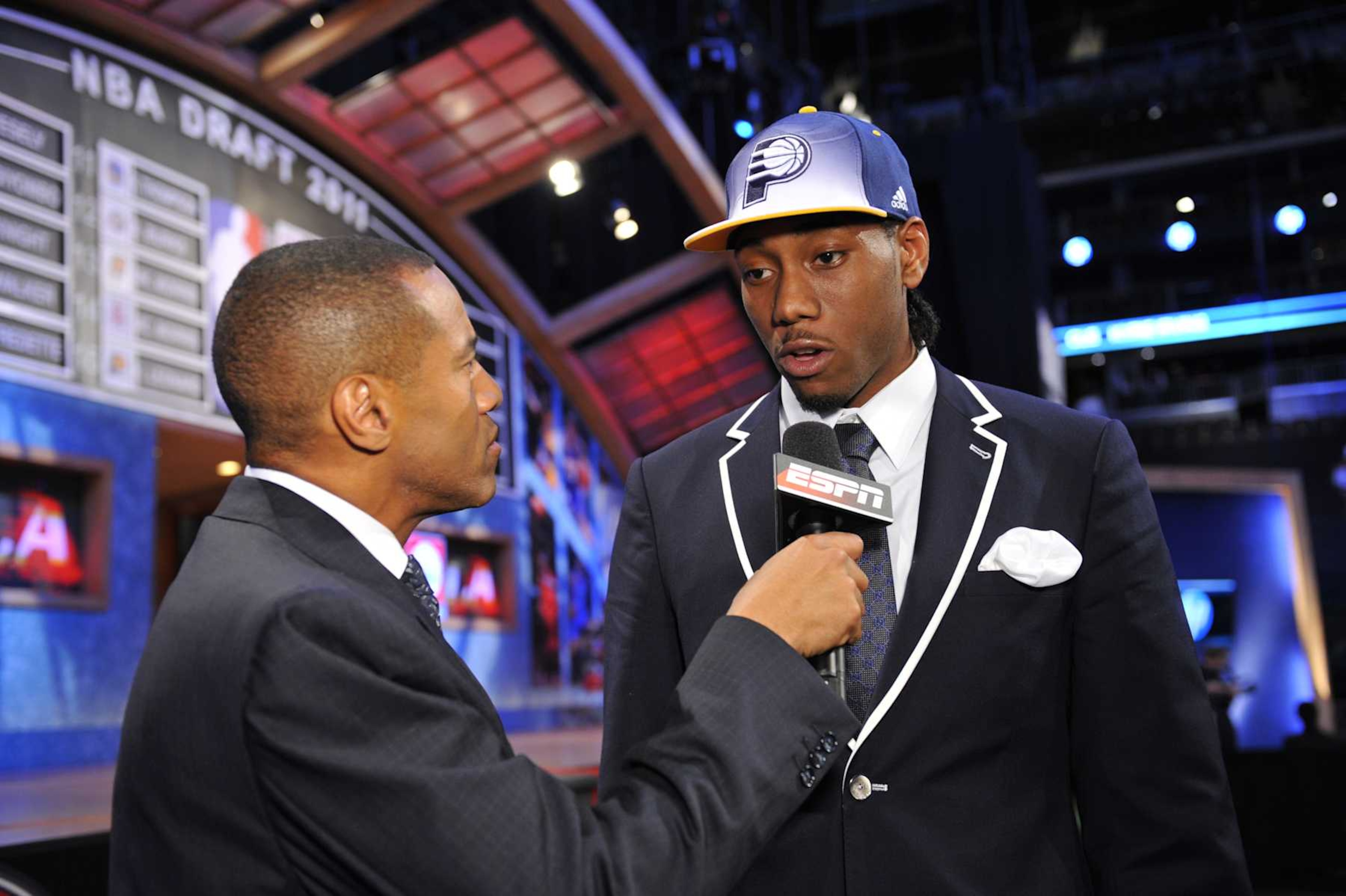 NEWARK, NJ - JUNE 23: Kawhi Leonard interviews with ESPN Analyst Mark Jones after being selected by the Indiana Pacers during the 2011 NBA Draft at The Prudential Center on June 23, 2011 in Newark, New Jersey. NOTE TO USER: User expressly acknowledges and agrees that, by downloading and or using this photograph, User is consenting to the terms and conditions of the Getty Images License Agreement. Mandatory Copyright Notice: Copyright 2011 NBAE (Photo by David Dow/NBAE via Getty Images) NEWARK, NJ - JUNE 23: Kawhi Leonard interviews with ESPN Analyst Mark Jones after being selected by the Indiana Pacers during the 2011 NBA Draft at The Prudential Center on June 23, 2011 in Newark, New Jersey. NOTE TO USER: User expressly acknowledges and agrees that, by downloading and or using this photograph, User is consenting to the terms and conditions of the Getty Images License Agreement. Mandatory Copyright Notice: Copyright 2011 NBAE (Photo by David Dow/NBAE via Getty Images)