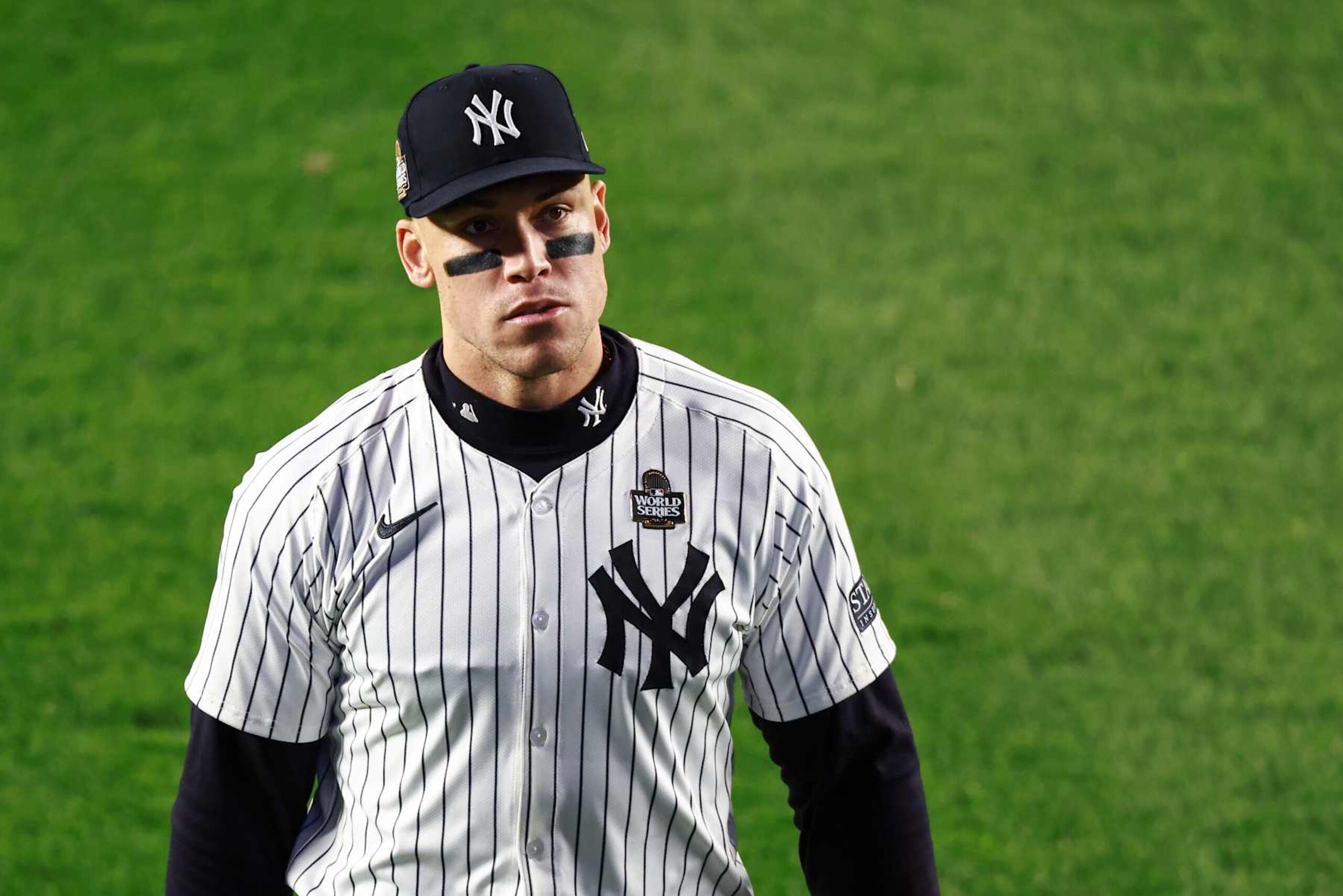 NEW YORK, NY - OCTOBER 28: Aaron Judge #99 of the New York Yankees looks on during Game 3 of the 2024 World Series presented by Capital One between the Los Angeles Dodgers and the New York Yankees at Yankee Stadium on Monday, October 28, 2024 in New York, New York. (Photo by Dustin Satloff/MLB Photos via Getty Images) NEW YORK, NY - OCTOBER 28: Aaron Judge #99 of the New York Yankees looks on during Game 3 of the 2024 World Series presented by Capital One between the Los Angeles Dodgers and the New York Yankees at Yankee Stadium on Monday, October 28, 2024 in New York, New York. (Photo by Dustin Satloff/MLB Photos via Getty Images)