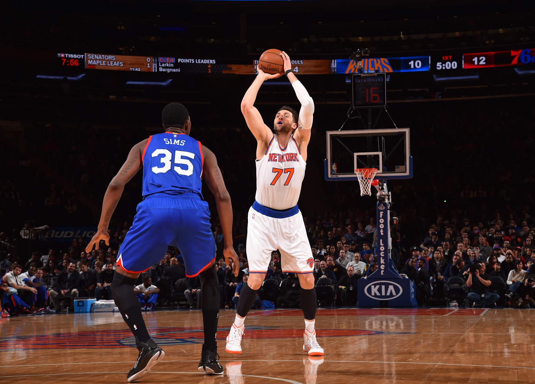 NEW YORK,NY - APRIL 5: Andrea Bargnani #77 of the New York Knicks shoots the ball against the Philadelphia 76ers at Madison Square Garden on April 5, 2015 in New York, New York NOTE TO USER: User expressly acknowledges and agrees that, by downloading and/or using this Photograph, user is consenting to the terms and conditions of the Getty Images License Agreement. Mandatory Copyright Notice: Copyright 2015 NBAE (Photo by Jesse D. Garrabrant/NBAE via Getty Images)