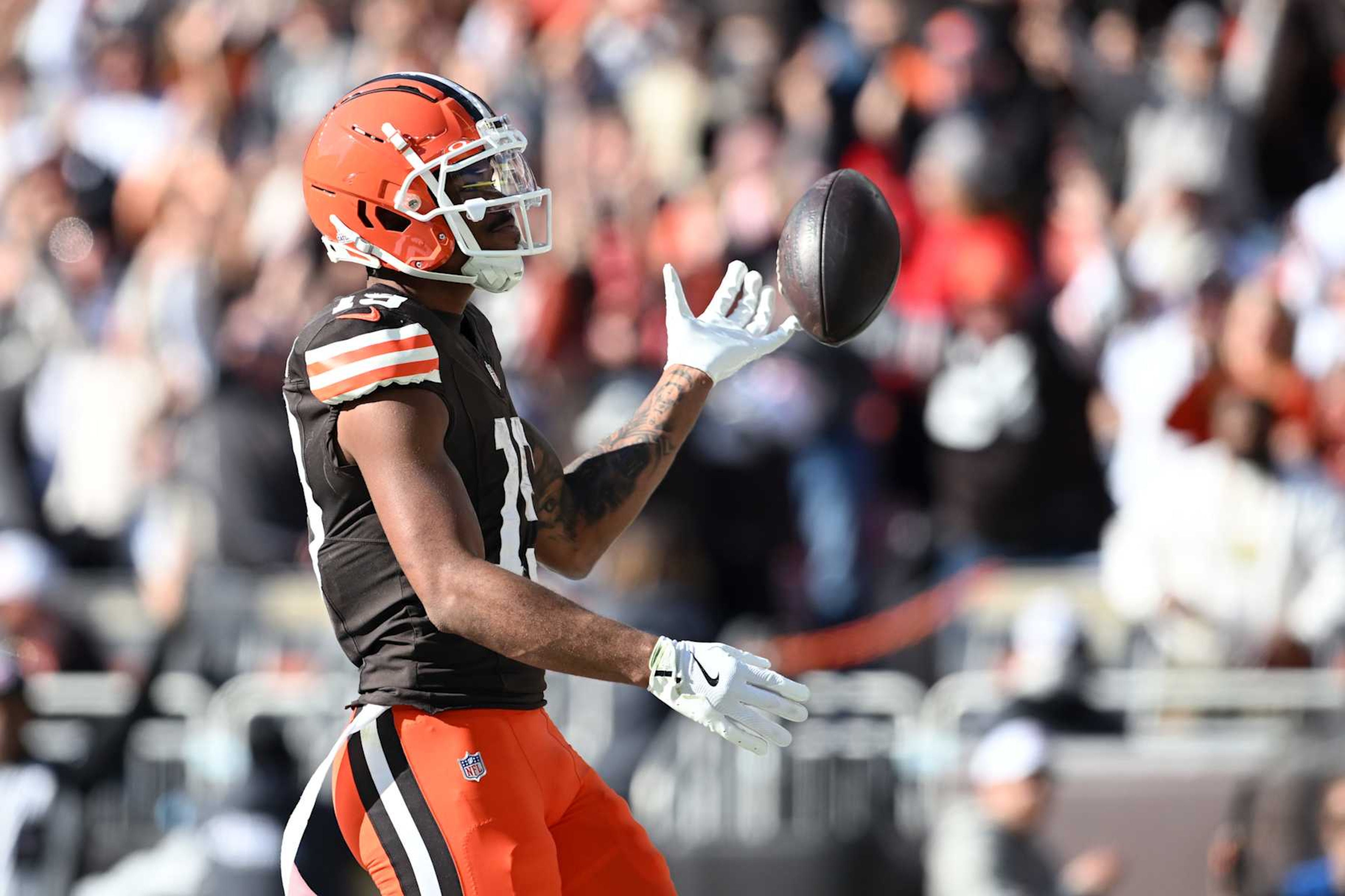 CLEVELAND, OHIO - OCTOBER 27: Cedric Tillman #19 of the Cleveland Browns celebrates after receiving touchdown in the third quarter of a game against the Baltimore Ravens at Huntington Bank Field on October 27, 2024 in Cleveland, Ohio. (Photo by Nick Cammett/Getty Images)