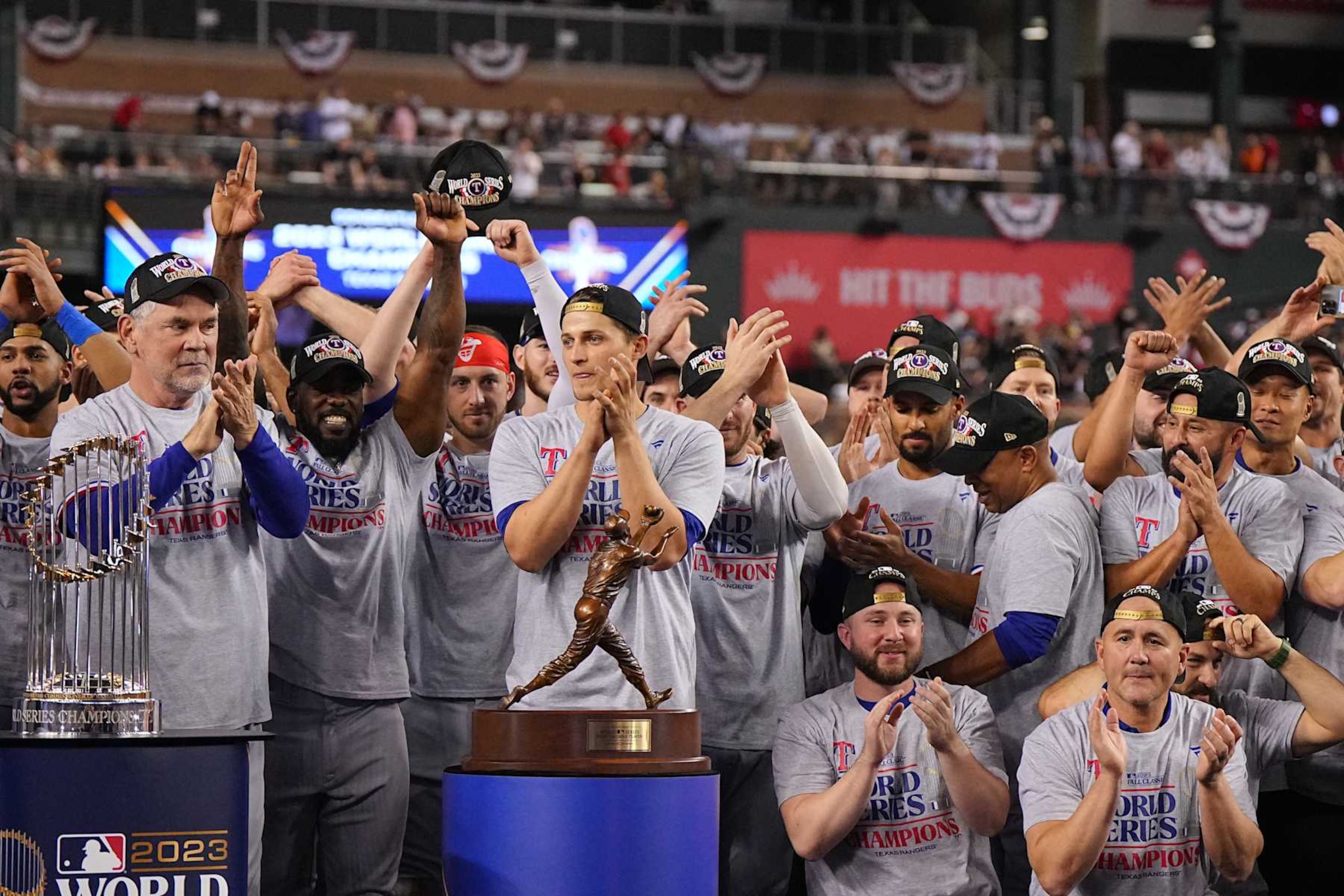 Baseball: World Series: Texas Rangers Corey Seager (5) victorious with the Willie Mays Most Valuable Player award after winning game and series vs Arizona Diamondbacks at Chase Field. Game 5.
Phoenix, AZ 11/1/2023
CREDIT: Erick W. Rasco (Photo by Erick W. Rasco/Sports Illustrated via Getty Images)
(Set Number: X164452 TK1) Baseball: World Series: Texas Rangers Corey Seager (5) victorious with the Willie Mays Most Valuable Player award after winning game and series vs Arizona Diamondbacks at Chase Field. Game 5.
Phoenix, AZ 11/1/2023
CREDIT: Erick W. Rasco (Photo by Erick W. Rasco/Sports Illustrated via Getty Images)
(Set Number: X164452 TK1)