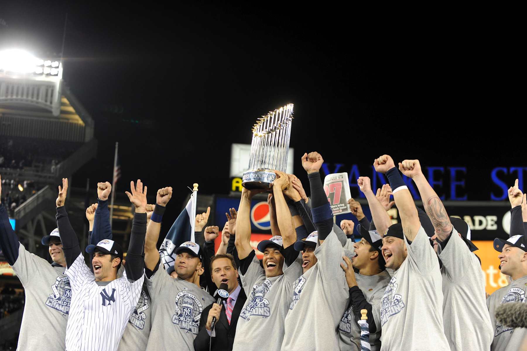 NEW YORK - NOVEMBER 04: Mariano Rivera #42 and other members of the New York Yankees celebrate after defeating the Philadelphia Phillies during Game Six of the 2009 MLB World Series at Yankee Stadium on November 4, 2009 in the Bronx borough of New York City. (Photo by Rob Tringali/Sportschrome/Getty Images)