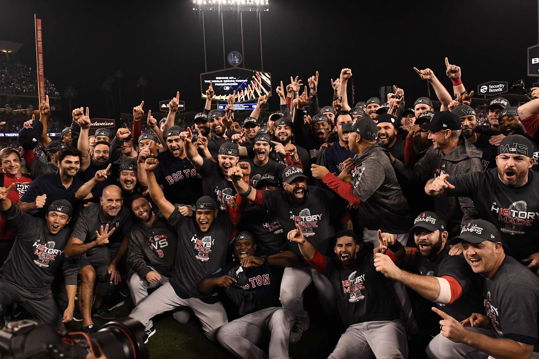 Baseball: World Series: Boston Red Sox players victorious on field after winning game and series vs Los Angeles Dodgers at Dodger Stadium. Game 5. 
Los Angeles, CA 10/28/2018
CREDIT: Robert Beck (Photo by Robert Beck /Sports Illustrated via Getty Images)
(Set Number: X162275 TK1 )