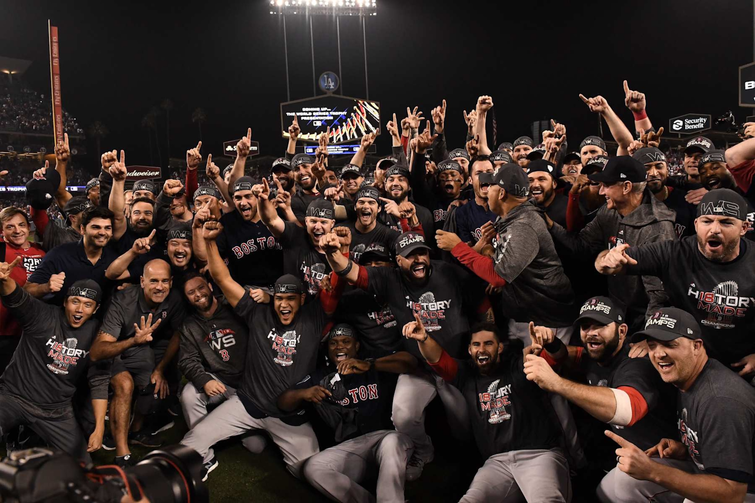 Baseball: World Series: Boston Red Sox players victorious on field after winning game and series vs Los Angeles Dodgers at Dodger Stadium. Game 5.
Los Angeles, CA 10/28/2018
CREDIT: Robert Beck (Photo by Robert Beck /Sports Illustrated via Getty Images)
(Set Number: X162275 TK1 ) Baseball: World Series: Boston Red Sox players victorious on field after winning game and series vs Los Angeles Dodgers at Dodger Stadium. Game 5.
Los Angeles, CA 10/28/2018
CREDIT: Robert Beck (Photo by Robert Beck /Sports Illustrated via Getty Images)
(Set Number: X162275 TK1 )