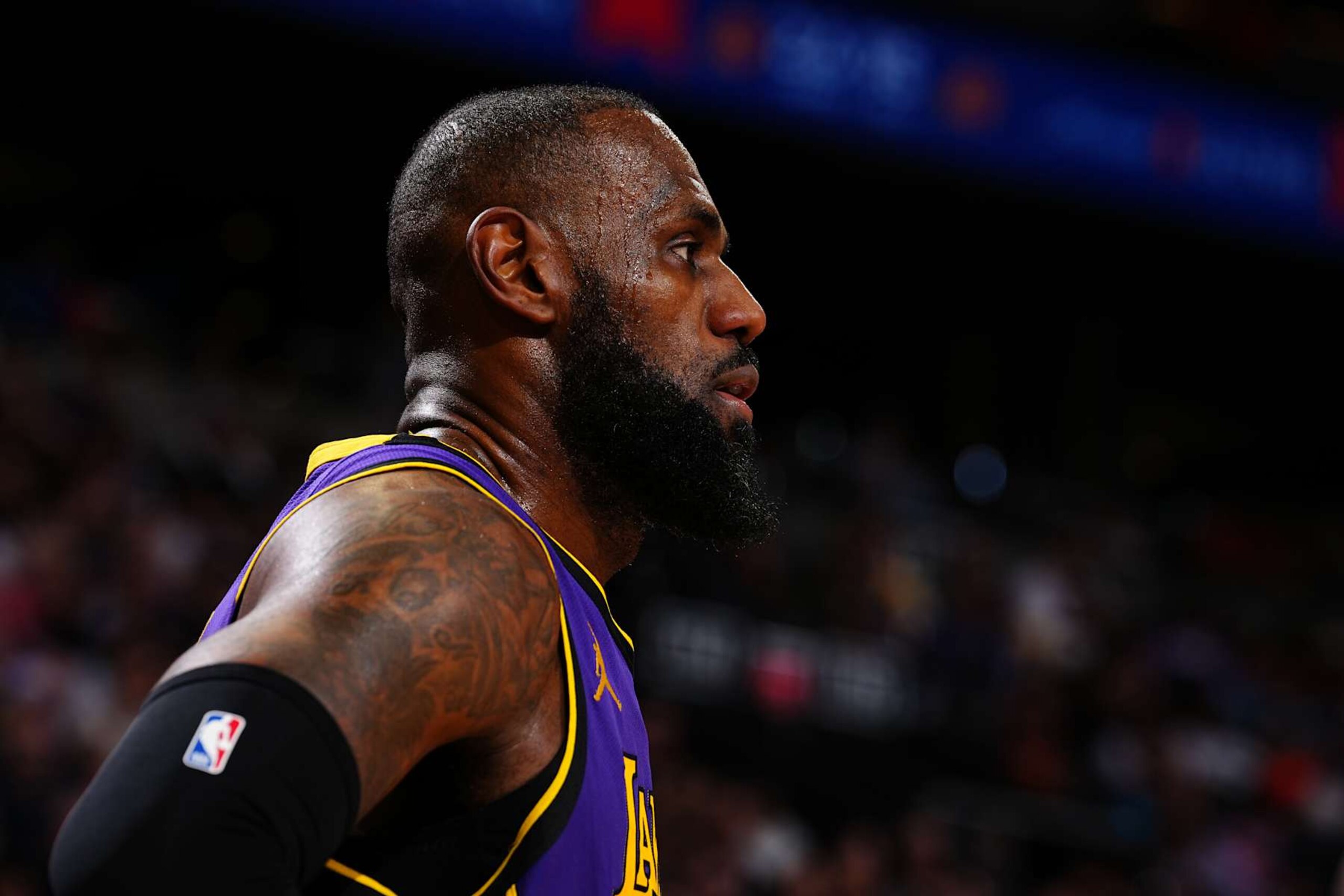 PHOENIX, AZ - OCTOBER 28: LeBron James #23 of the Los Angeles Lakers looks on during the game against the Phoenix Suns on October 28, 2024 at Footprint Center in Phoenix, Arizona. NOTE TO USER: User expressly acknowledges and agrees that, by downloading and or using this photograph, user is consenting to the terms and conditions of the Getty Images License Agreement. Mandatory Copyright Notice: Copyright 2024 NBAE (Photo by Kate Frese/NBAE via Getty Images) PHOENIX, AZ - OCTOBER 28: LeBron James #23 of the Los Angeles Lakers looks on during the game against the Phoenix Suns on October 28, 2024 at Footprint Center in Phoenix, Arizona. NOTE TO USER: User expressly acknowledges and agrees that, by downloading and or using this photograph, user is consenting to the terms and conditions of the Getty Images License Agreement. Mandatory Copyright Notice: Copyright 2024 NBAE (Photo by Kate Frese/NBAE via Getty Images)