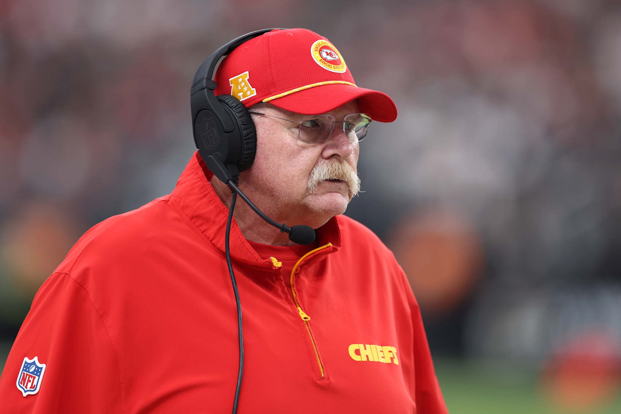 LAS VEGAS, NEVADA - OCTOBER 27: Head coach Andy Reid of the Kansas City Chiefs looks on in the first quarter of a game against the Las Vegas Raiders at Allegiant Stadium on October 27, 2024 in Las Vegas, Nevada. (Photo by Christian Petersen/Getty Images) LAS VEGAS, NEVADA - OCTOBER 27: Head coach Andy Reid of the Kansas City Chiefs looks on in the first quarter of a game against the Las Vegas Raiders at Allegiant Stadium on October 27, 2024 in Las Vegas, Nevada. (Photo by Christian Petersen/Getty Images)