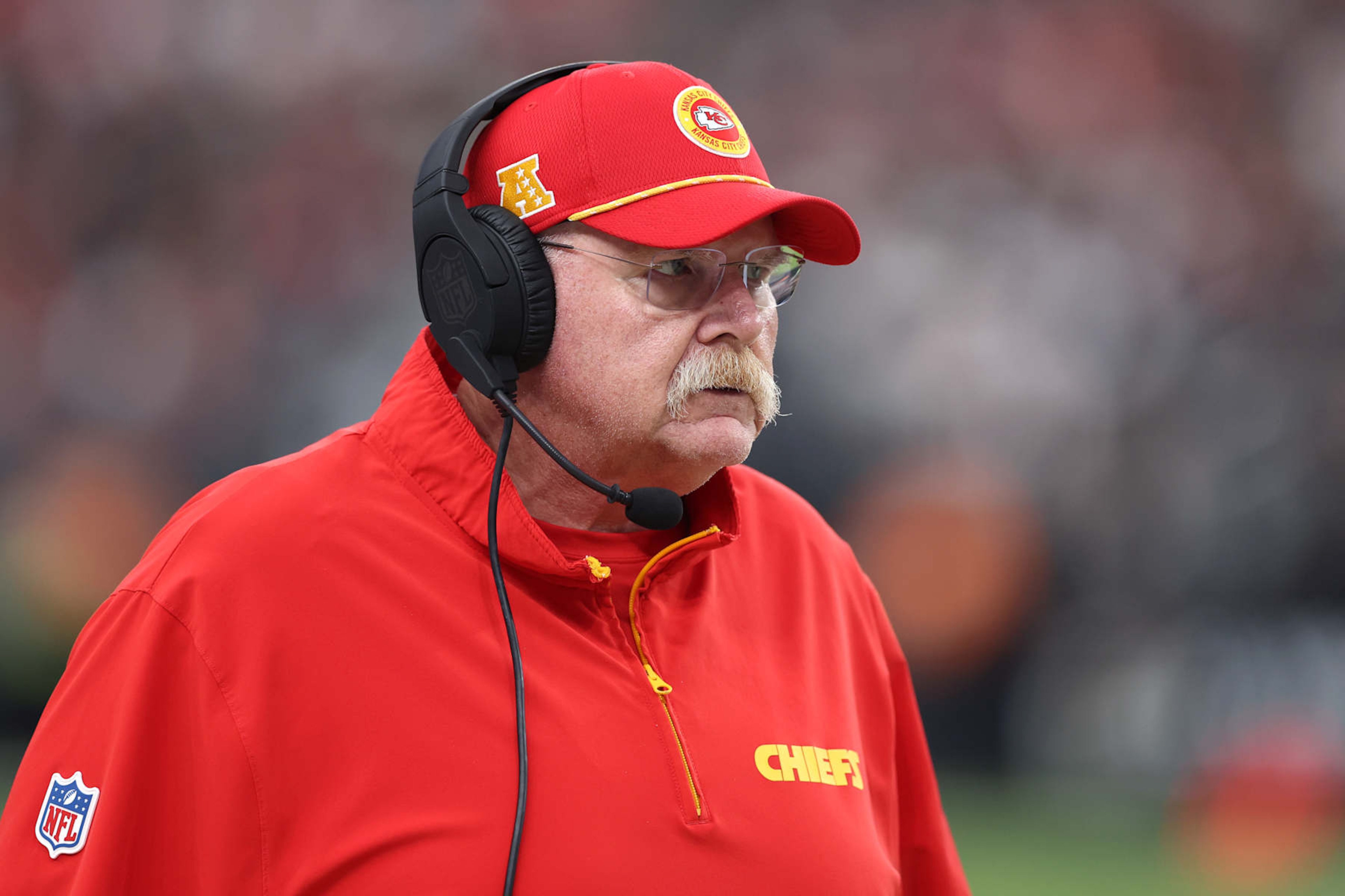 LAS VEGAS, NEVADA - OCTOBER 27: Head coach Andy Reid of the Kansas City Chiefs looks on in the first quarter of a game against the Las Vegas Raiders at Allegiant Stadium on October 27, 2024 in Las Vegas, Nevada. (Photo by Christian Petersen/Getty Images)