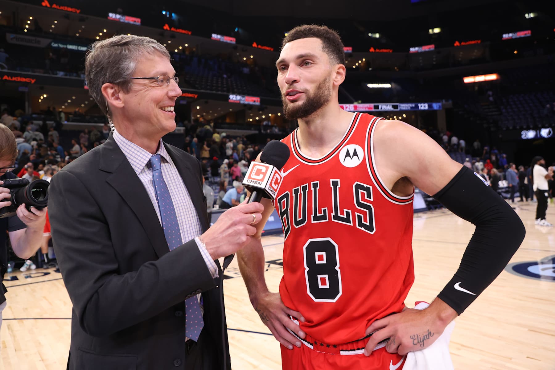 MEMPHIS, TN - OCTOBER 28: Zach LaVine #8 of the Chicago Bulls talks to the media after the game against the Memphis Grizzlies on October 28, 2024 at FedExForum in Memphis, Tennessee. NOTE TO USER: User expressly acknowledges and agrees that, by downloading and or using this photograph, User is consenting to the terms and conditions of the Getty Images License Agreement. Mandatory Copyright Notice: Copyright 2024 NBAE (Photo by Joe Murphy/NBAE via Getty Images)