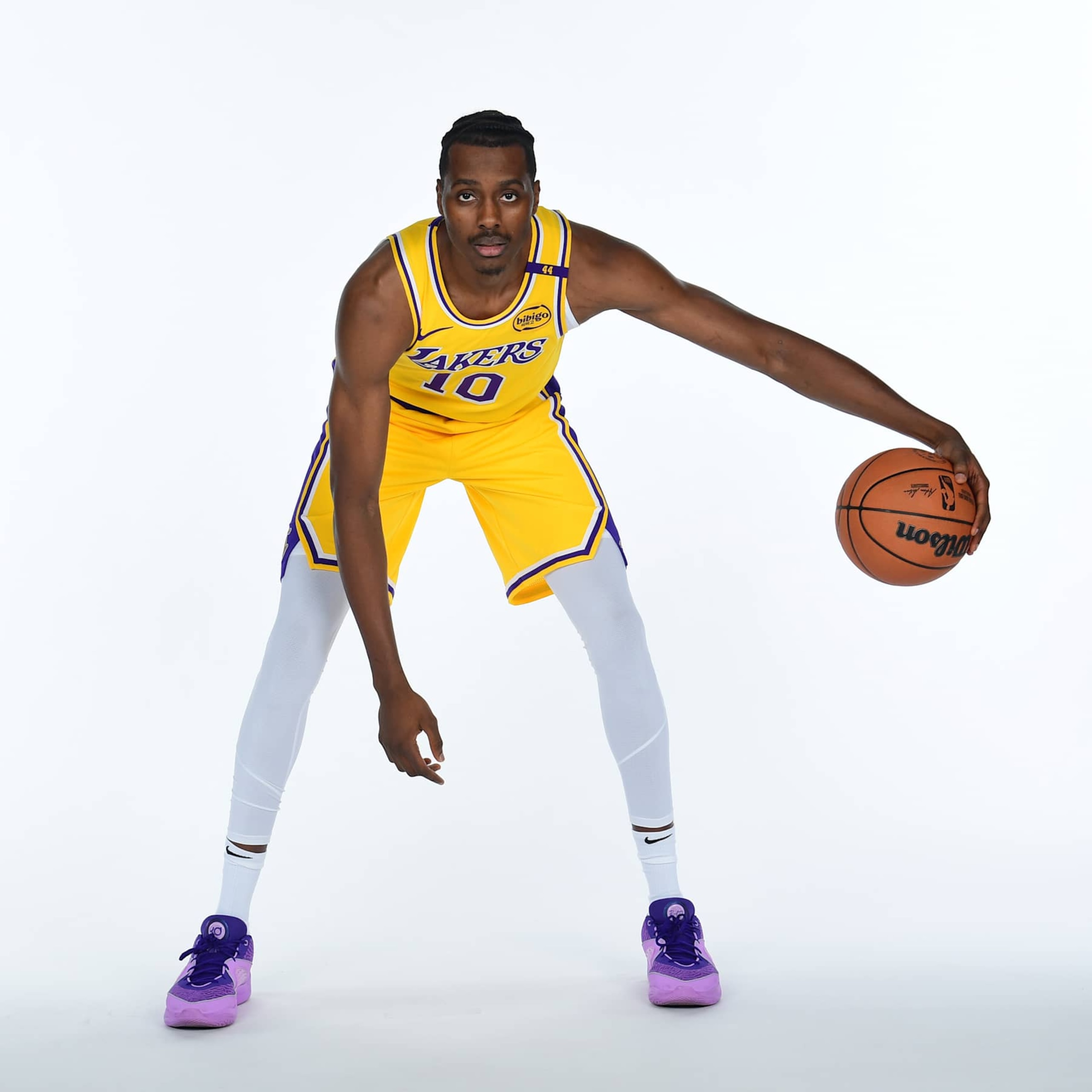 EL SEGUNDO, CA - SEPTEMBER 30: Christian Koloko #10 of the Los Angeles Lakers poses for a portrait during NBA Media Day on September 30, 2024 at UCLA Health Training Center in El Segundo, California. NOTE TO USER: User expressly acknowledges and agrees that, by downloading and or using this photograph, User is consenting to the terms and conditions of the Getty Images License Agreement. Mandatory Copyright Notice: Copyright 2024 NBAE (Photo by Adam Pantozzi/NBAE via Getty Images)