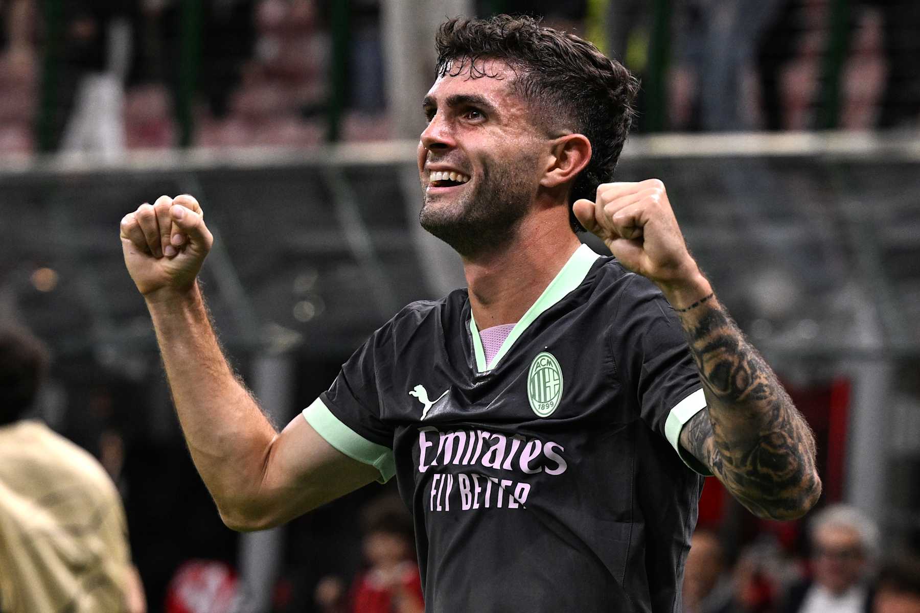 MILAN, ITALY - OCTOBER 22:  Christian Pulisic of Milan celebrates his goal during the UEFA Champions League 2024/25 League Phase MD3 match between AC Milan and Club Brugge KV at Stadio San Siro on October 22, 2024 in Milan, Italy. (Photo by Image Photo Agency/Getty Images)