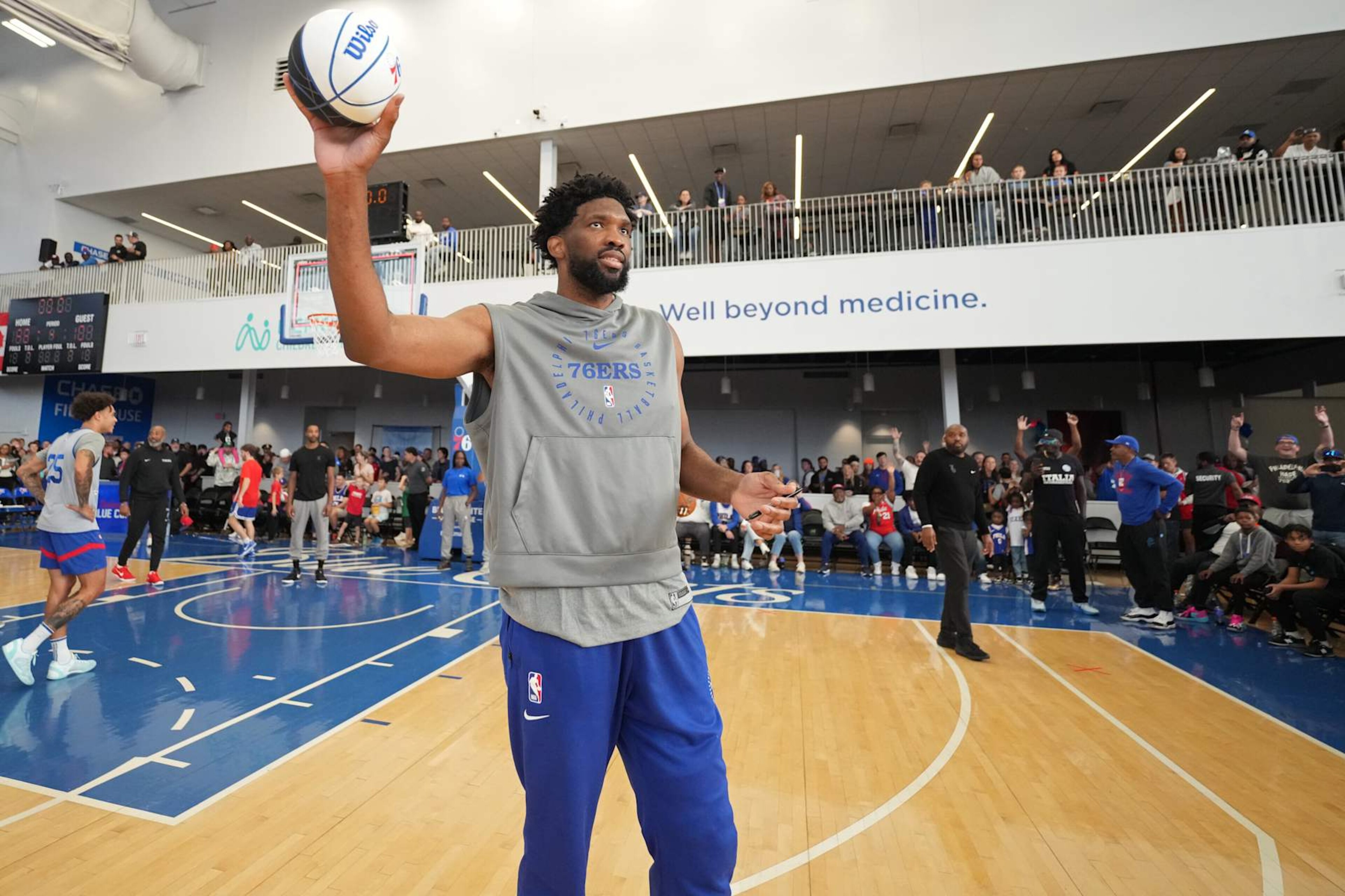 WILMINGTON, DE - OCTOBER 20: Joel Embiid #21 of the Philadelphia 76ers throws balls to fans during an open practice on October 20, 2024 at Chase Fieldhouse in Wilmington, Delaware. NOTE TO USER: User expressly acknowledges and agrees that, by downloading and/or using this Photograph, user is consenting to the terms and conditions of the Getty Images License Agreement. Mandatory Copyright Notice: Copyright 2024 NBAE (Photo byJesse D. Garrabranty/NBAE via Getty Images)