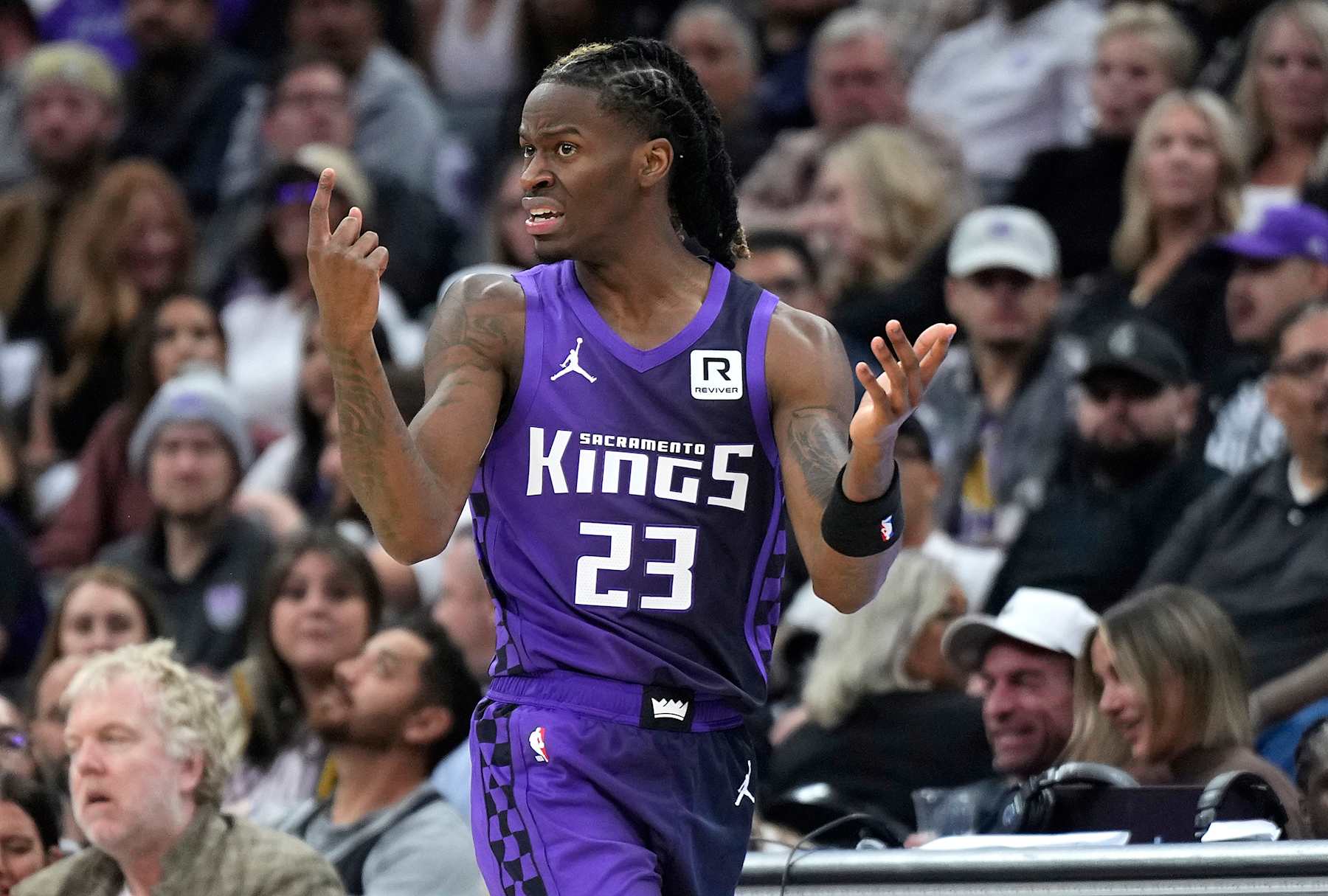 SACRAMENTO, CALIFORNIA - OCTOBER 28: Keon Ellis #23 of the Sacramento Kings reacts to a call against the Portland Trail Blazers during the fourth quarter at Golden 1 Center on October 28, 2024 in Sacramento, California. NOTE TO USER: User expressly acknowledges and agrees that, by downloading and or using this photograph, User is consenting to the terms and conditions of the Getty Images License Agreement. (Photo by Thearon W. Henderson/Getty Images)
